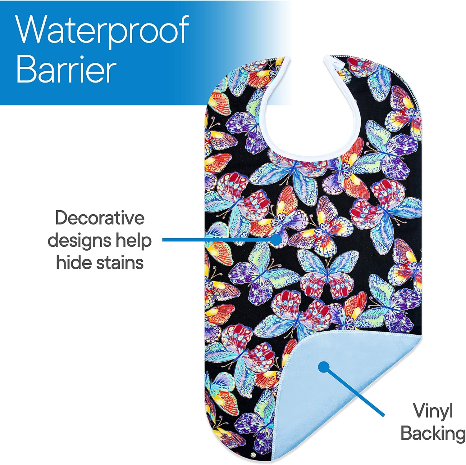 RMS 3 Pack Adult Bib Washable Reusable Waterproof Clothing Protector with Optional Crumb Catcher and Vinyl Backing 34"X18" (Butterfly/Blue Rose/Heritage): Health & Personal Care