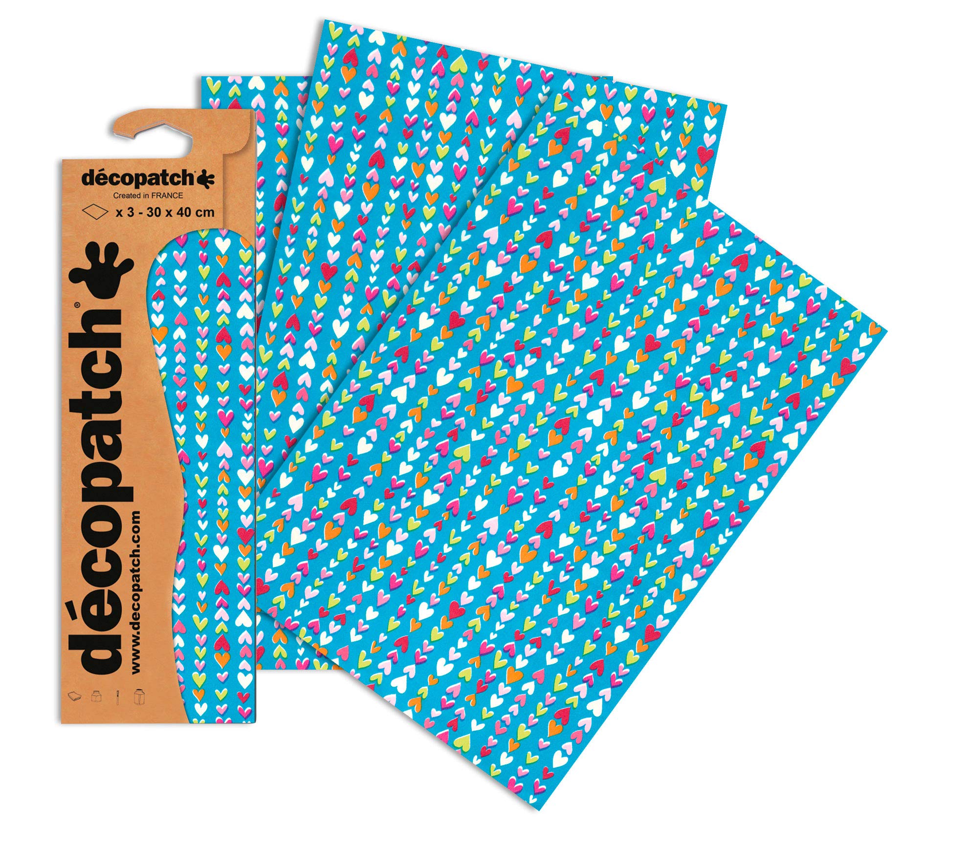 Décopatch Small Hearts Paper, Assorted colours, 30x40cm (Pack of 3 sheets)