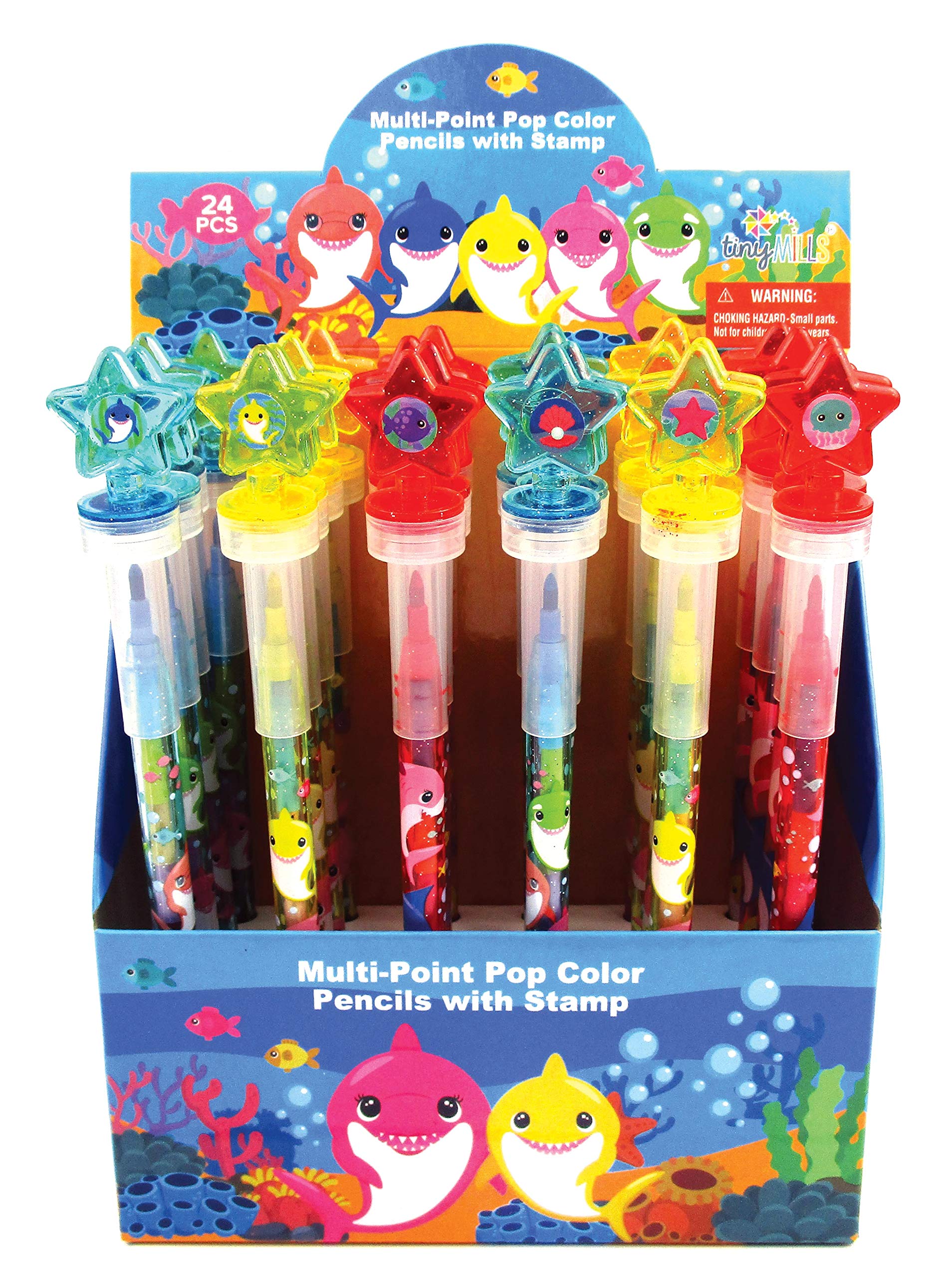 TINYMILLS 24 Pcs Shark Family 2 in 1 Stackable Stacking Crayon with Extra Stamper Topper, Kids Party Favors, Goodie Bag Stuffers, Classroom Rewards, Prizes