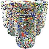 Hand Blown Mexican Drinking Glasses - Set of 6 Confetti Rock Design Glasses (14 oz each)