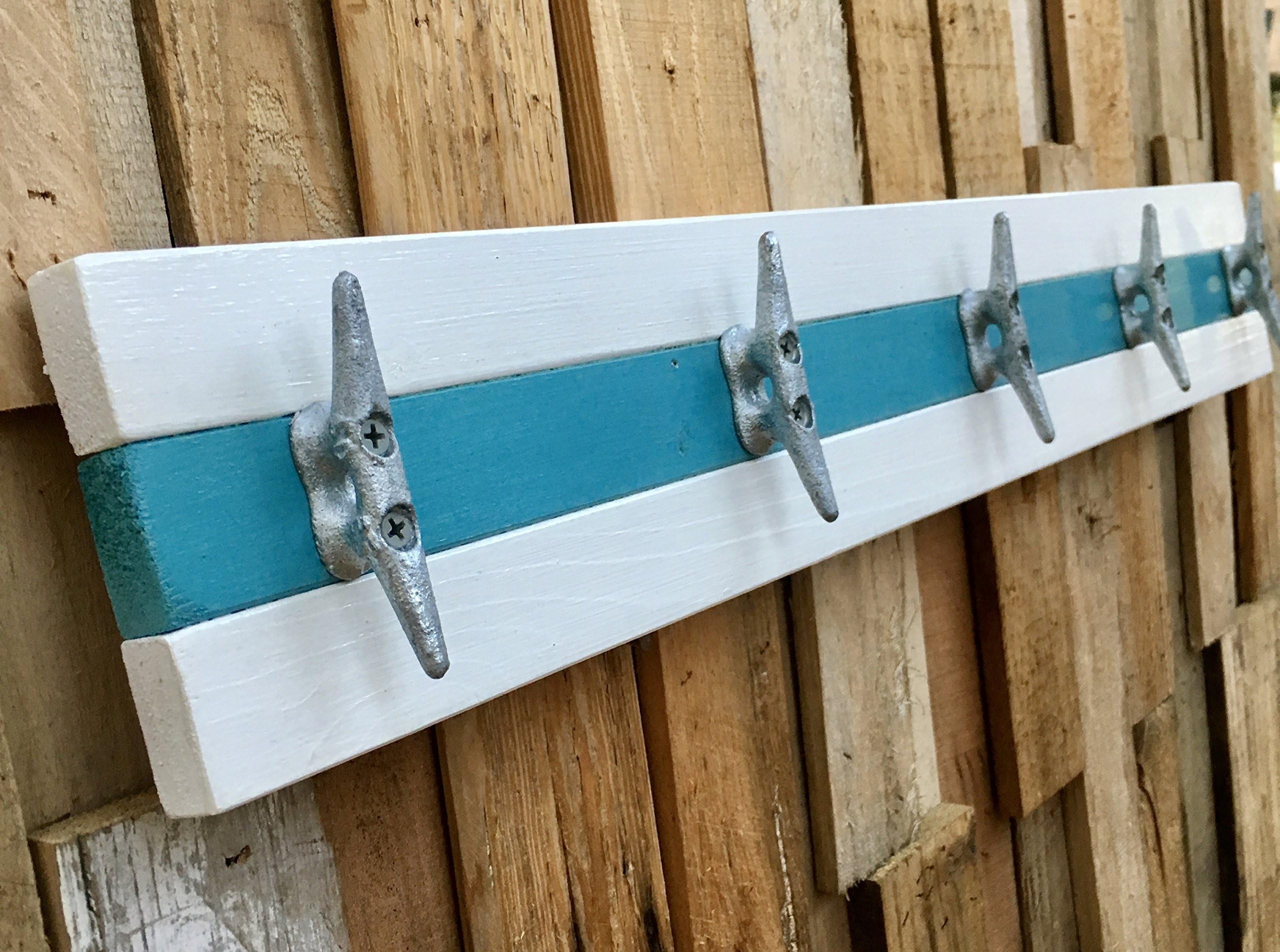 White and Teal Boat Cleat Coat Rack, Towel Rack, Hat Rack, Book Bag Rack, or Key Rack