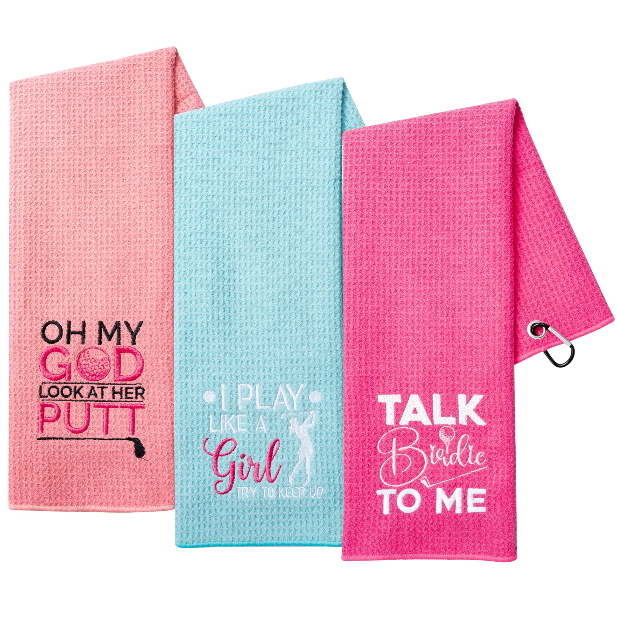 A1DIEE Microfibre Absorbent Golf Towel - 3pcs Women Pink Clean Golf Ball Towels Embroidery Pattern with Carabiner Clip for Bags Sport Gift Accessories for Mama Wife Golfers
