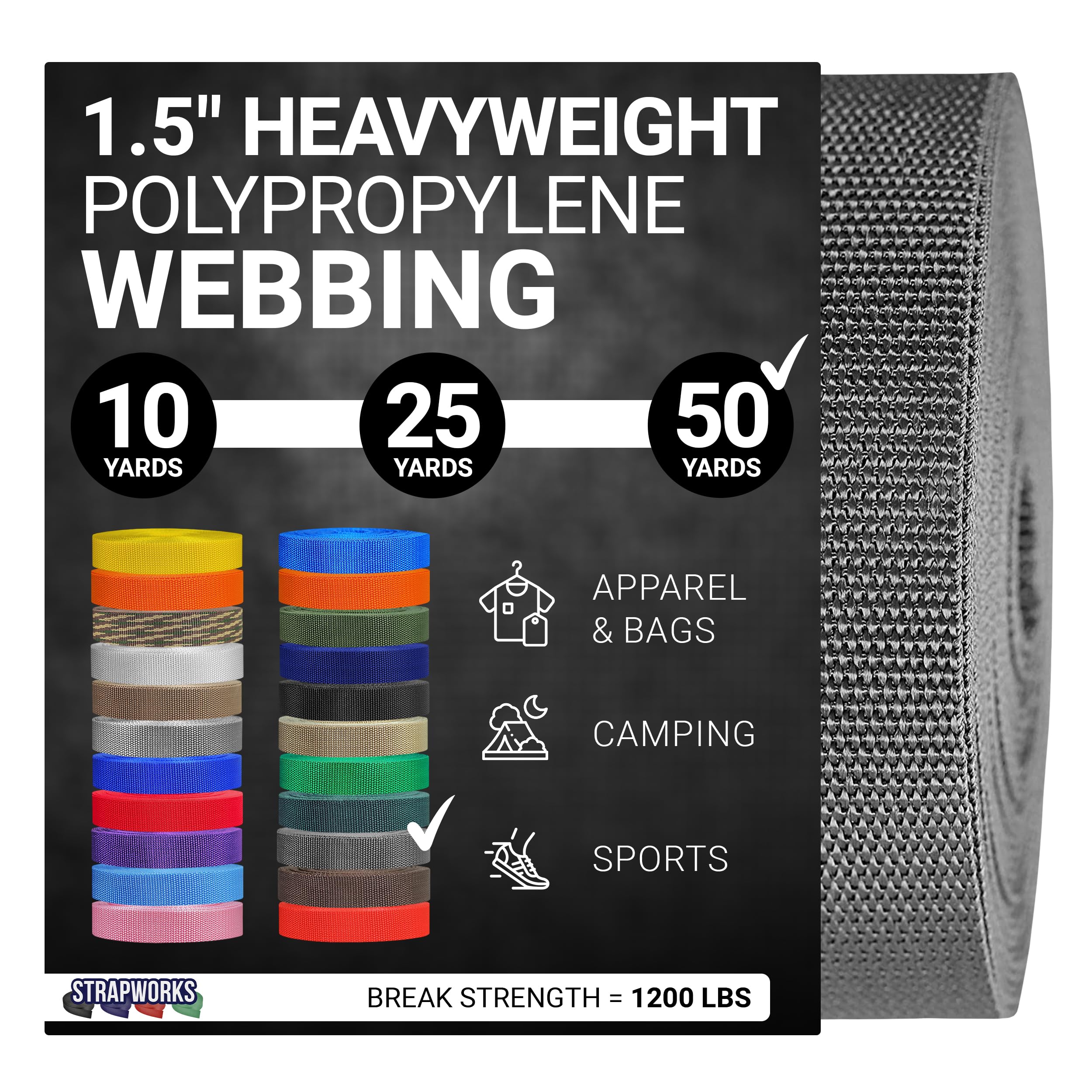 Strapworks Heavyweight Polypropylene Webbing - Heavy Duty Poly Strapping for Outdoor DIY Gear Repair, 1.5 Inch x 50 Yards, Charcoal
