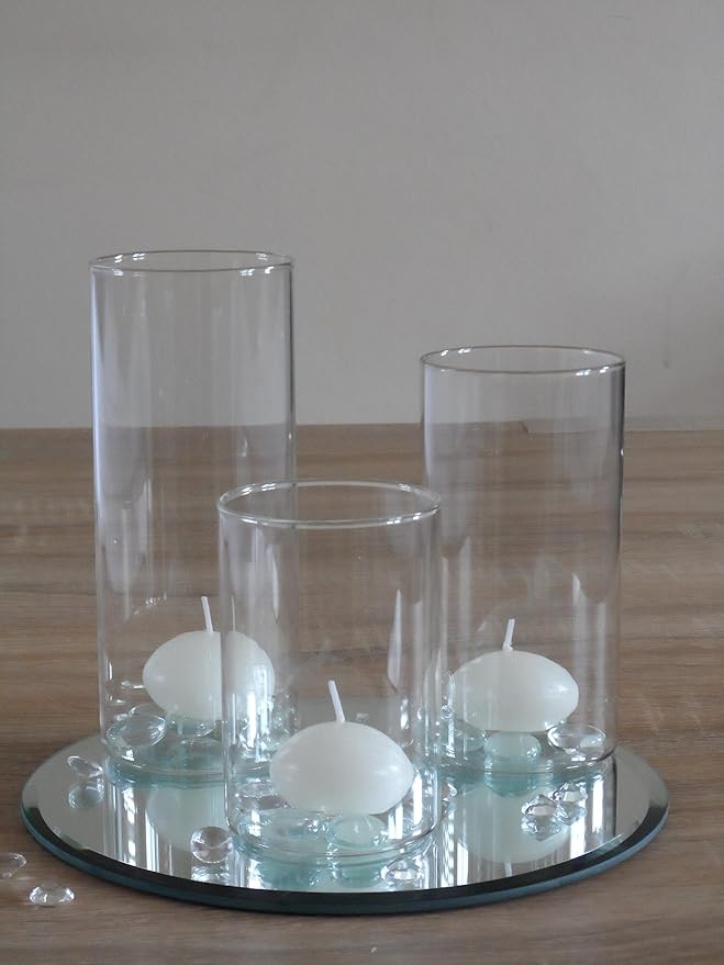 Set 3 Glass Floating Candle Holders 20cm Mirror Plate Gems Wedding