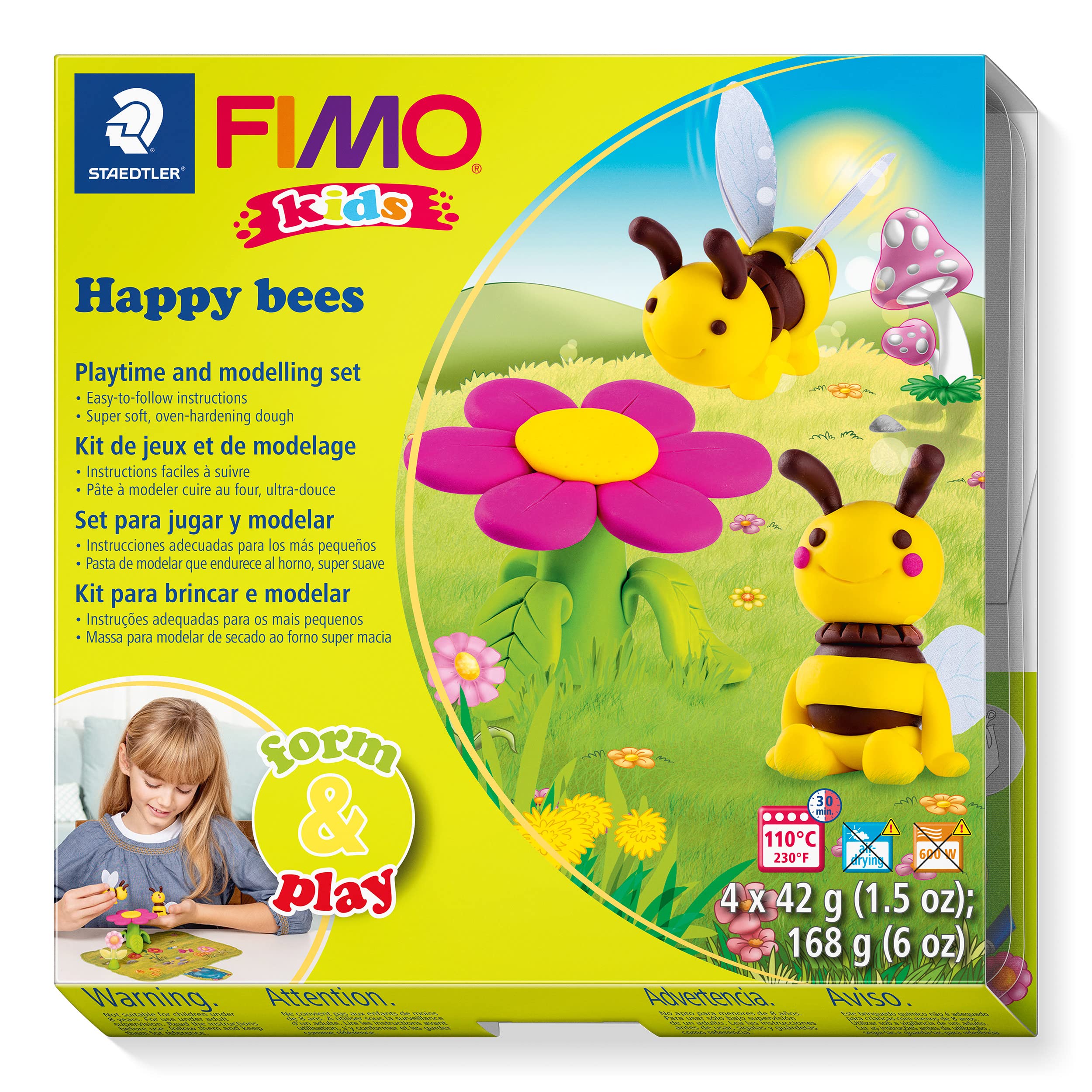 STAEDTLER 8034 27 LZ FIMO Kids Form&Play Playtime & Modelling Polymer Clay Set - "Happy Bees" (Pack of 4 Blocks, Stickers, Modelling Tools & Background Scene)