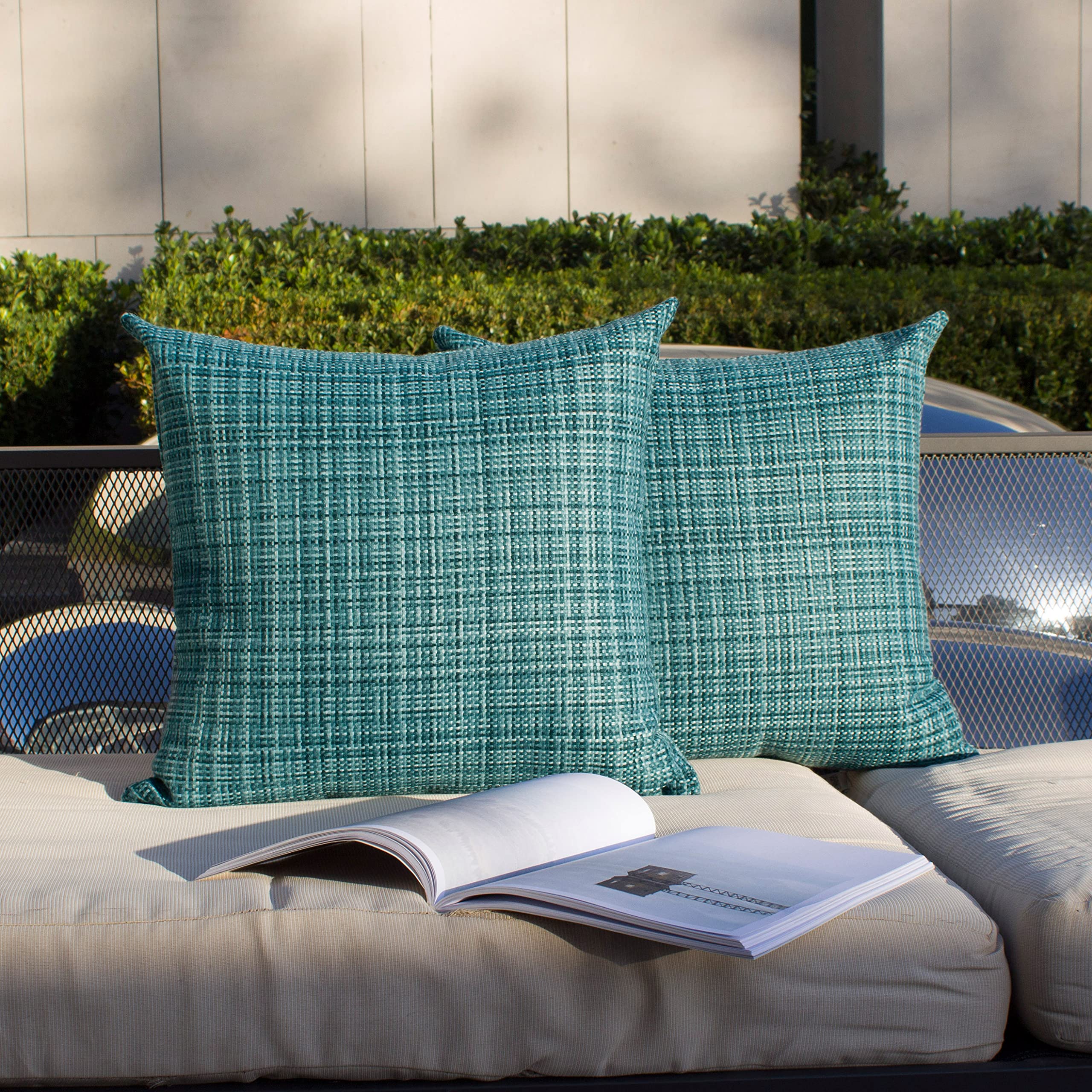 Photo 1 of Kevin Textile Pack of 2 Decorative Outdoor Waterproof Throw Pillow Covers Pillowcases Modern Cushion Cases for Patio Couch Bench 22 x 22 Inch Teal