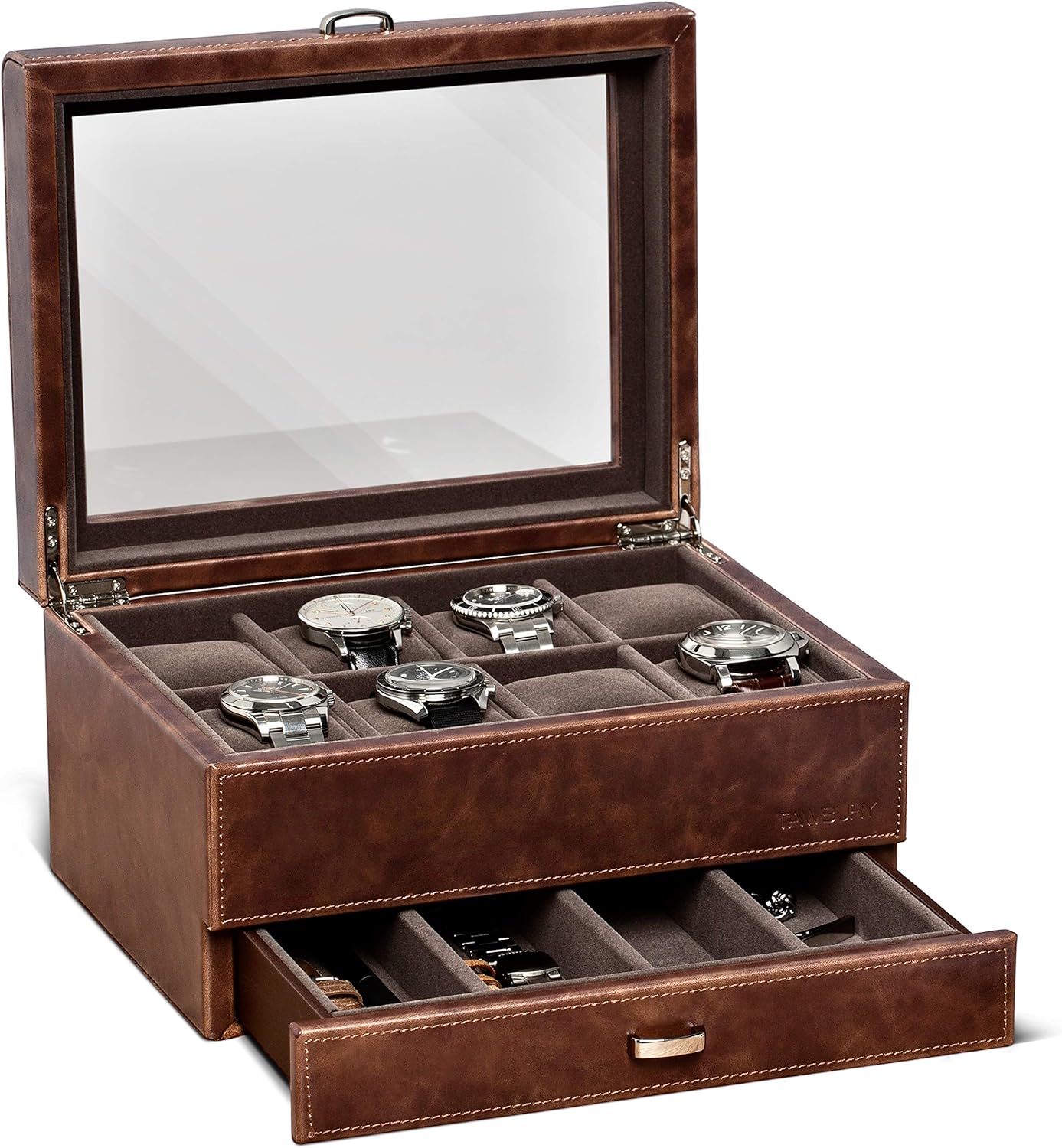 TAWBURY 8 Slot Watch Box with Drawer Luxury Wrist Watch Display Case Brown Leather Watch