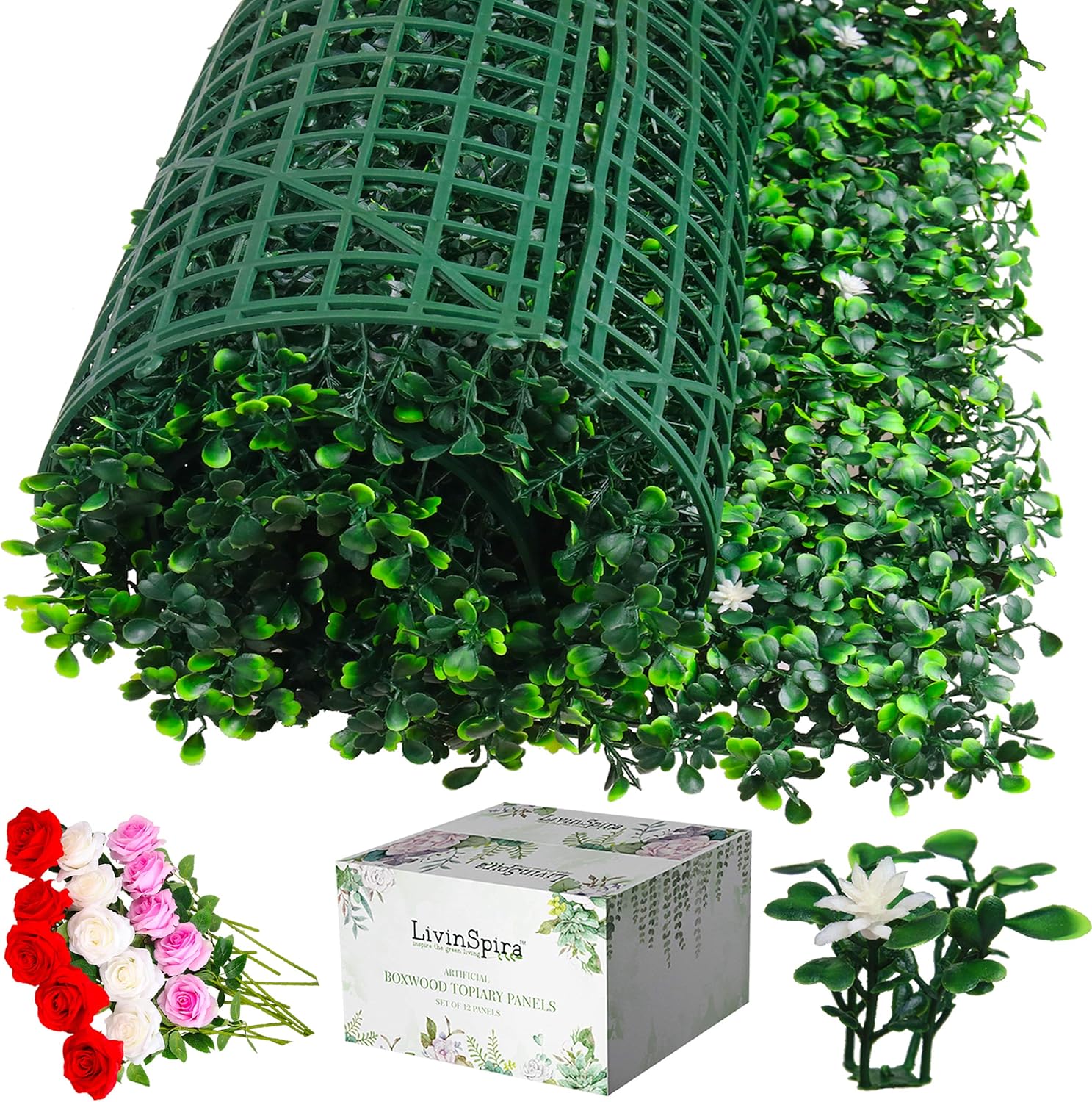Amazon Com Livinspira Boxwood Hedge Wall Panels With Exquisite White Little Flowers 20 X20 Set Of 12 Premium Artificial Grass Wall Backdrop Outdoor Privacy Fence Screen 15pcs Realistic Silk Roses Incl Kitchen