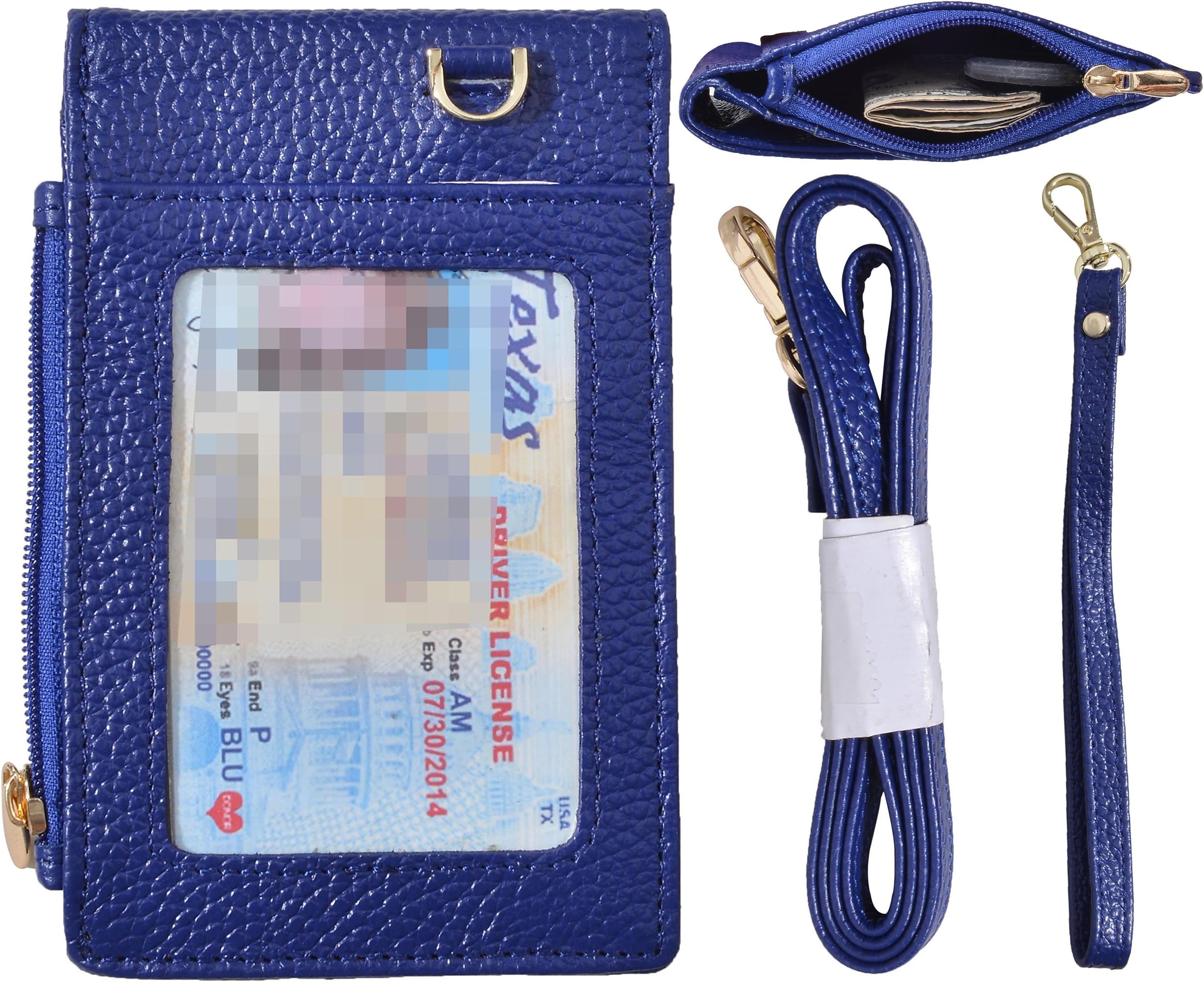 Beurlike Genuine Leather 2-Sided ID Badge Holder Wallet with 1 ID Window, 3 Card Slots with Cover, 1 Side Zipper Coin Pocket, 1 piece 18.1" Neck Lanyard and 1 piece 6" Hand Wristlet (Blue)