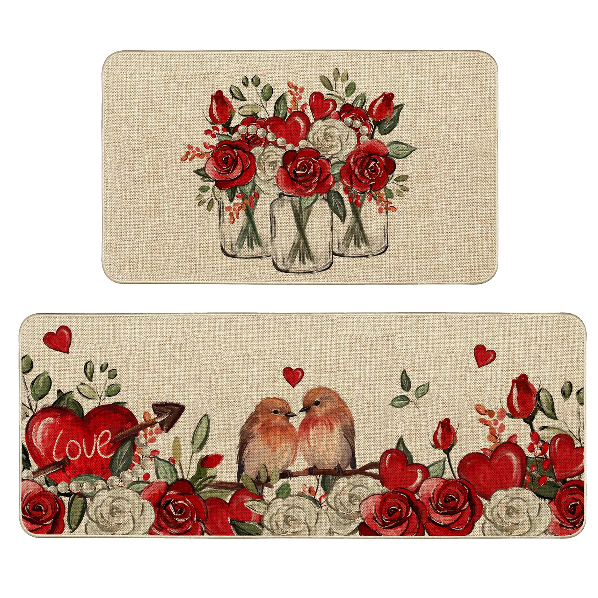 Photo 1 of Tikeciti Valentine Love Red Rose Kitchen Mats Set of 2, Anniversary Celebration Kitchen Rugs Love Holiday Floor Non-Slip Low Profile Mat Seasonal Farmhouse Home Decor 17x29 and 17x47 Inch