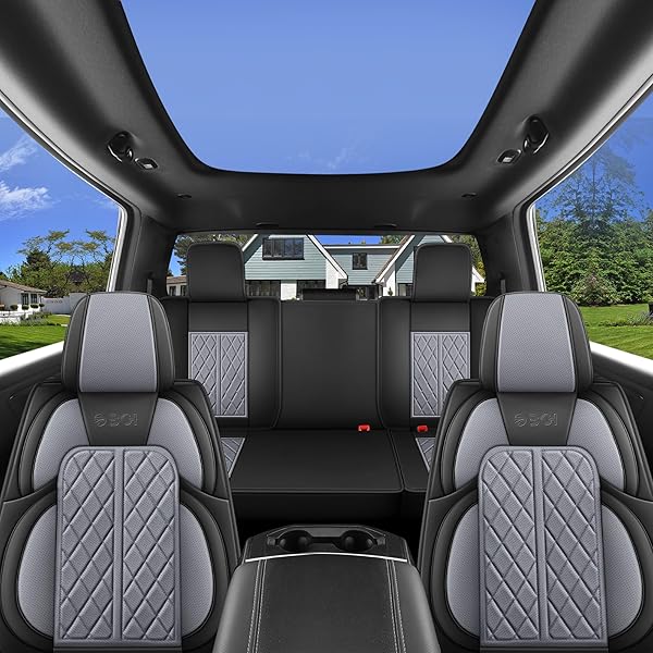 DUDUWANG CAR SEAT COVER CUSTOM FIT FOR DODGE RAM 1500 2500 3500 2002-2026 FAUX LEATHER SEAT COVER SET COMPATIBLE WITH CREW QUAD REGULAR CAB PICKUP TRUCK CUSHIONS (BLACK & GREY, FULL SET, FLAT REAR)