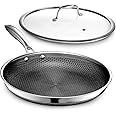 HexClad Hybrid Nonstick 12-Inch Frying Pan with Tempered Glass Lid, Stay-Cool Handle, Dishwasher-Friendly, Oven-Safe Up to 900°F, Induction-Ready, Compatible with All Cooktops