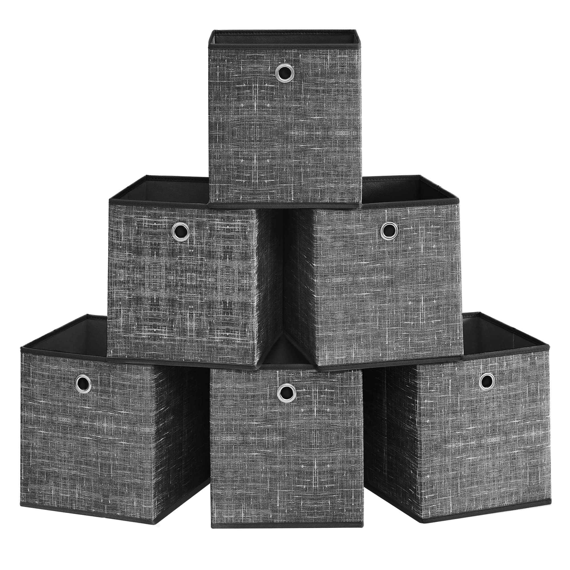 SONGMICS Storage Boxes, Set of 6 Non-Woven Fabric Boxes with Handles, 26 x 26 x 28 cm, Fit Cube Storage Unit, for Shelves, Foldable, Clothes Organisers, Heathered Black RFB026B01