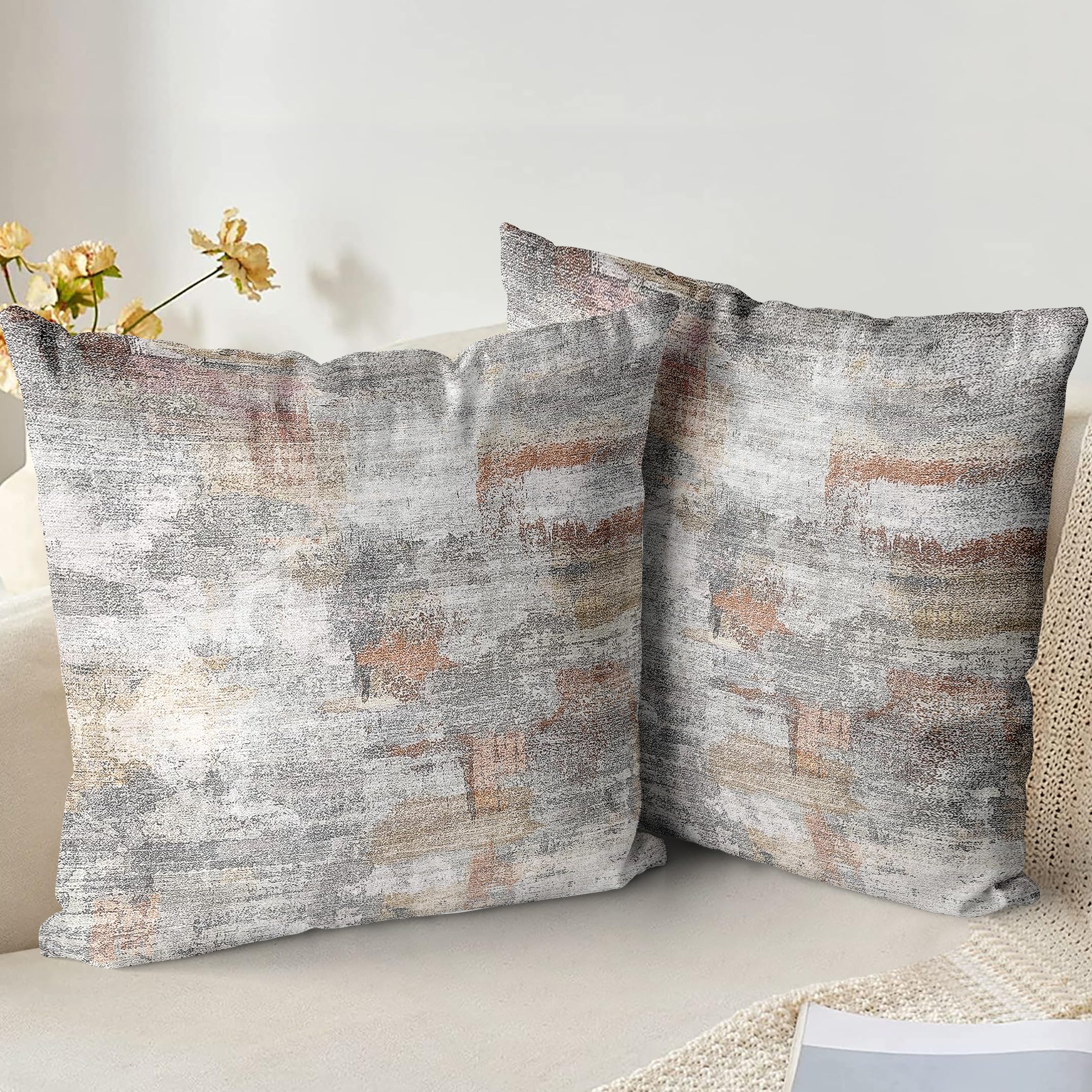 XPHZZL Pack of 2 Gray/Rust Cushion Covers 45 x 45 cm Short Plush Decorative Square Throw Pillow Covers Home Abstract Style Decor Pillow Cases for Sofa Bedroom Dining Room and Farmhouse 18x18 Inch