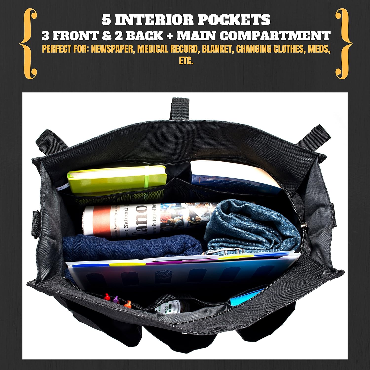 Wheelchair Bag for Back of Chair w/ 5 Exterior & 5 Interior Pockets - Perfect Carrier Bag for Newspaper, Medical Paperwork, Blanket & More for Most Electric, Manual or Power Wheelchairs (Paisley): Health & Personal Care