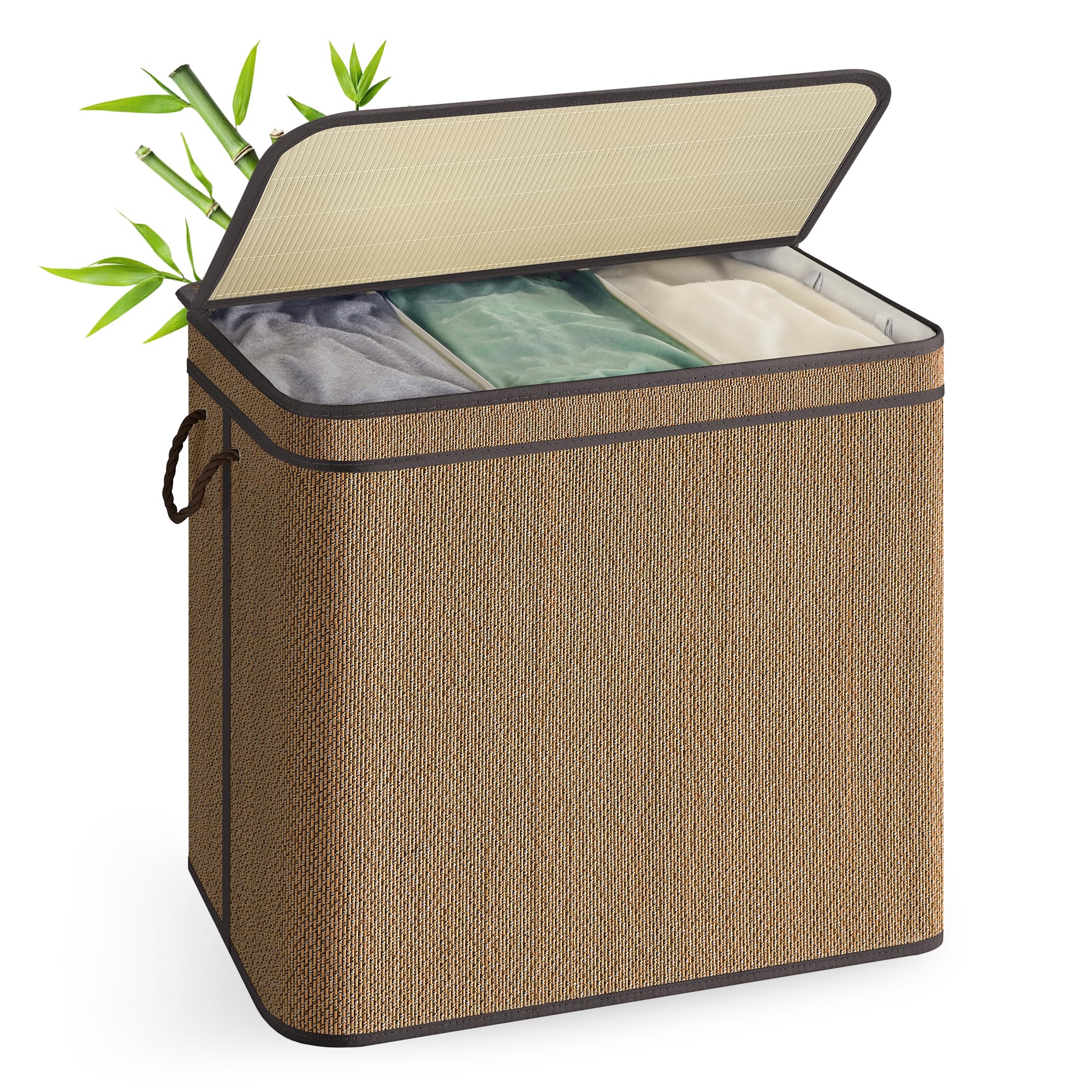 SONGMICS Wäschekorb 3 Fächer, Wäschesammler Bambus, 170 Liter, Wäschesack herausnehmbar und maschinenwaschbar, mit Deckel, Griffe, für Waschküche, Schlafzimmer, Wohnzimmer, braun LCB069K01