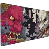 SEIFUD Gaming Mouse Pad, XXL Non-Slip Rubber Base, Waterproof with Stitched Edges, Japanese Demon Mask Design, 35.4 x 15.7 inches