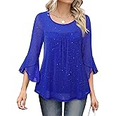 Bebonnie Women's Ruffle 3/4 Sleeve Elegant Dressy Blouses Crew Neck Double Layers Mesh Tunic Tops