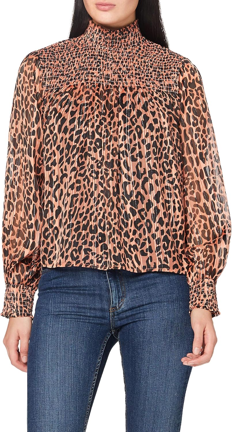 Scotch & Soda Women's Printed Top with Lurex and Smocking Details Shirt