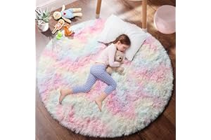 PAGISOFE Rainbow Round Rug 4Ft, Super Soft Rugs for Girls Bedroom,Colorful Rug for Room Decor,Fuzzy Carpet for Kids Nursery,Circle Rugs for Kids Room,Shag Reading Nook Mat, Furry Rug for Baby