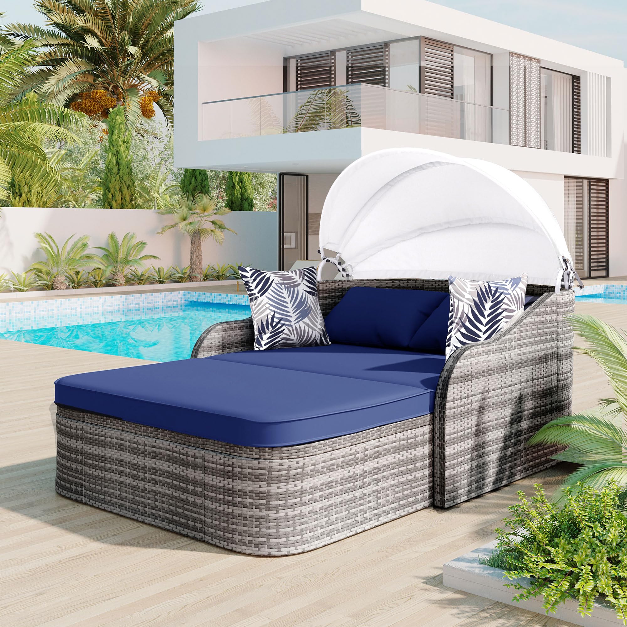 Photo 1 of (4/12/2026 ***FINAL SALE/NO RETURN, SOLD AS PARTS***)
Merax Outdoor Patio Rattan Daybed Sunbed with Retractable Canopy, Double Lounge Bed for Backyard/Porch, Blue