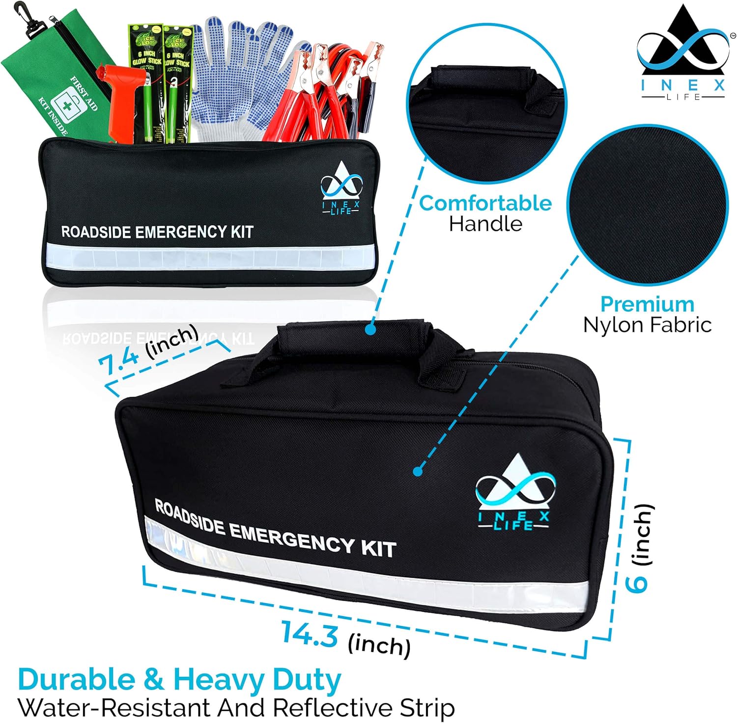 Roadside Emergency Car Kit – 112 Pieces Safety Assistance | First Aid Kit, Jumper Cables, Tow Strap Ropes, Reflective Safety Warning Triangle & Vest, Tools, Glass Breaker Hammer | Truck & Car (Black): Automotive