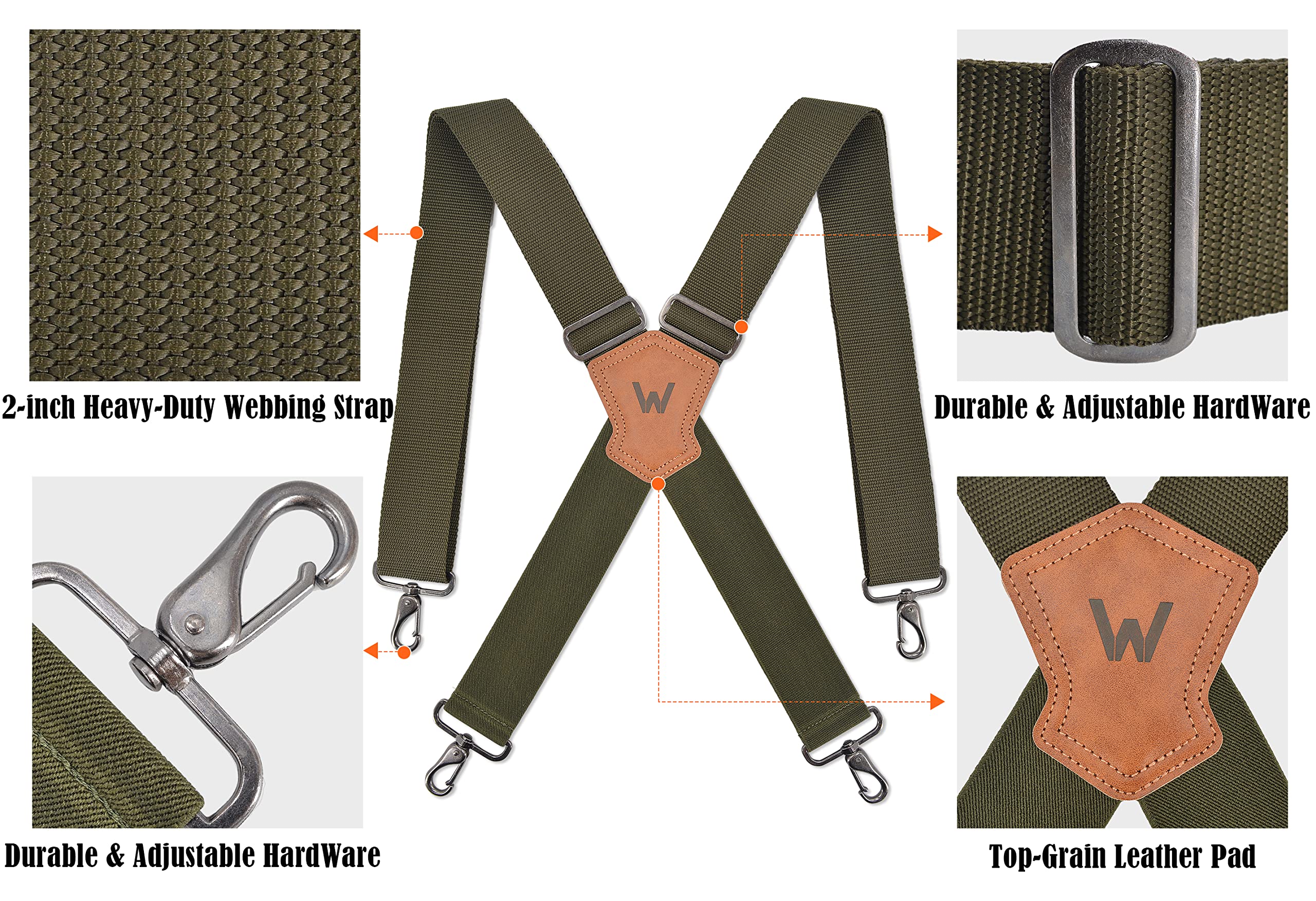 WELKINLAND Green Suspenders for Men - 2 Inch Wide, Heavy Duty Work Suspenders with Belt Loops - Military & Camo Patterns
