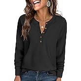 ANRABESS Women's Long Sleeve Waffle Knit Shirts Dressy Casual Loose Button Up V Neck Henley Tops 2026 Fall Basic Tee Blouse