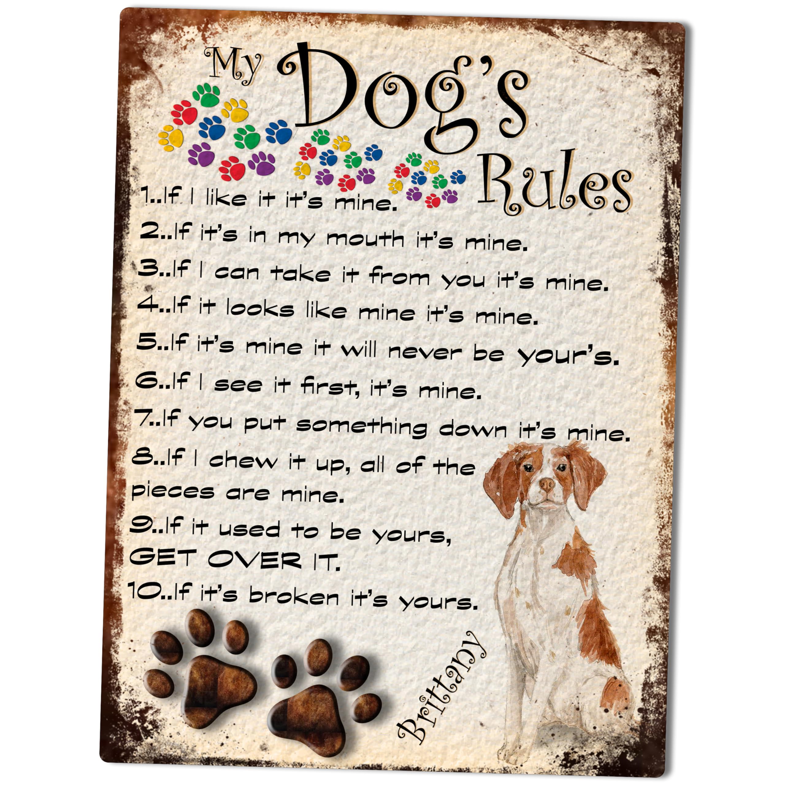 MY DOG'S RULES RETRO STYLE METAL TIN SIGN/PLAQUE BRITTANY THEME 10" X 8" (7DRM)
