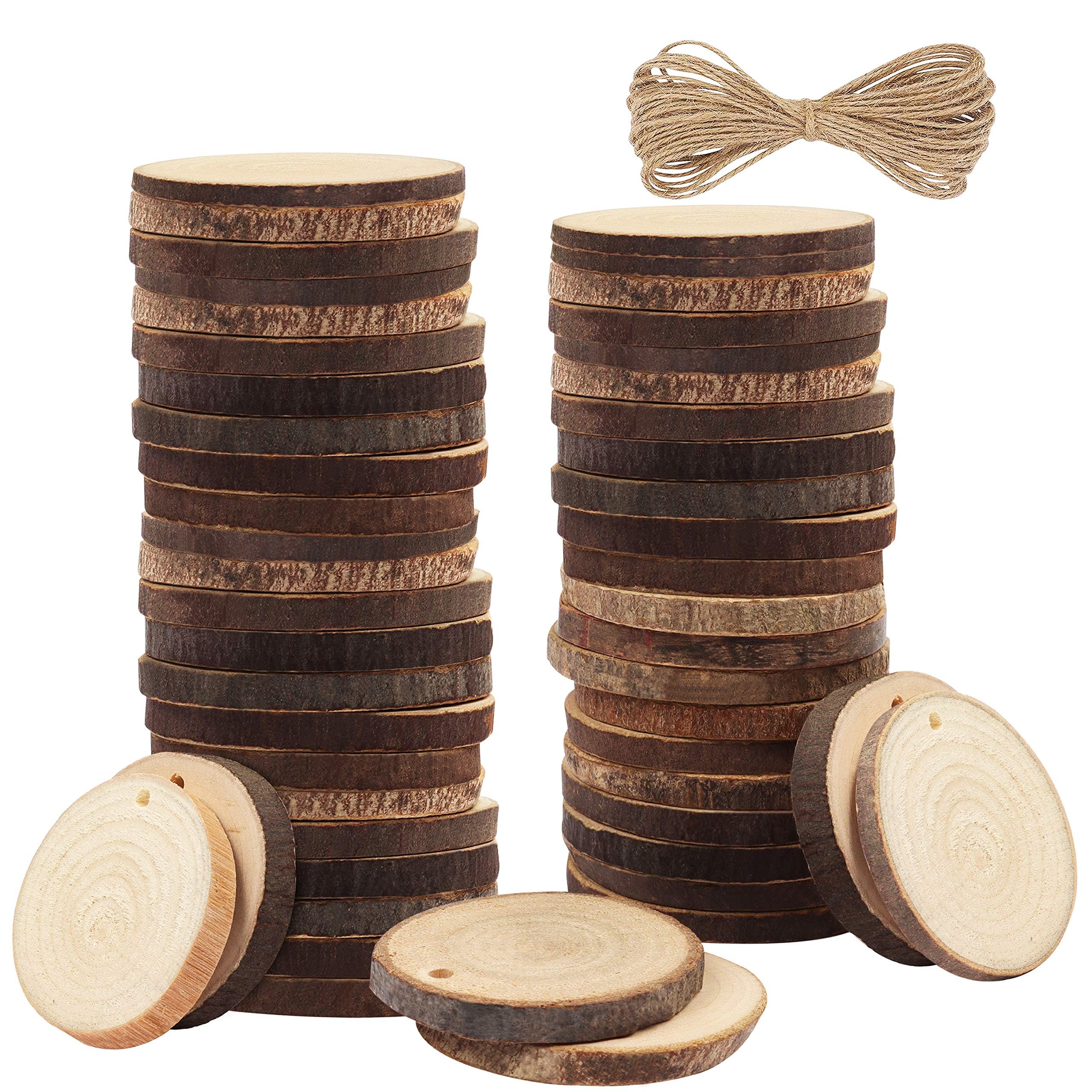 Kurtzy 50 Pack Unfinished Natural Wood Slices - 3-5cm Diameter & 5mm Thick - Predrilled Holes & 10m of Jute Twine - Small Rustic Wooden Log Discs with Bark & Smooth Finish - for Crafts & Decorations