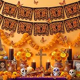 Dia De Los Muertos Decorations Set with Day of the Dead Banner Altar Decor | Black Orange 20 Felt Papel Picado 2 Marigold Garland 50 Marigold Flowers with Stem 12 Butterfly for Ofrenda Diwali Indian