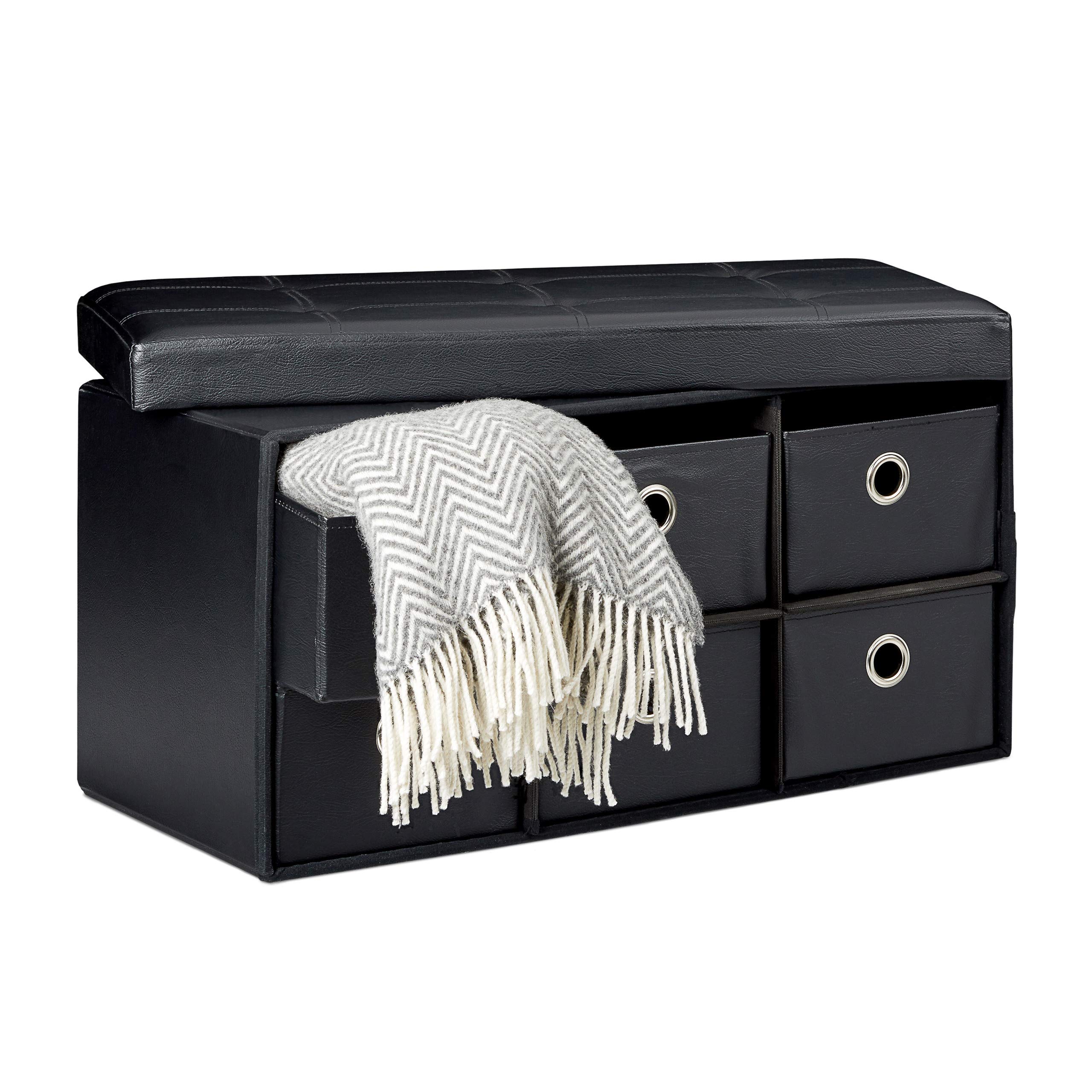 Relaxdays Folding Storage Ottoman Foldaway Seat with 6 Removable Compartments, 38 x 76 x 38 cm, Faux Leather Foldable Blanket Toy Storage Box Seat Bench Pouffe Stool, Black