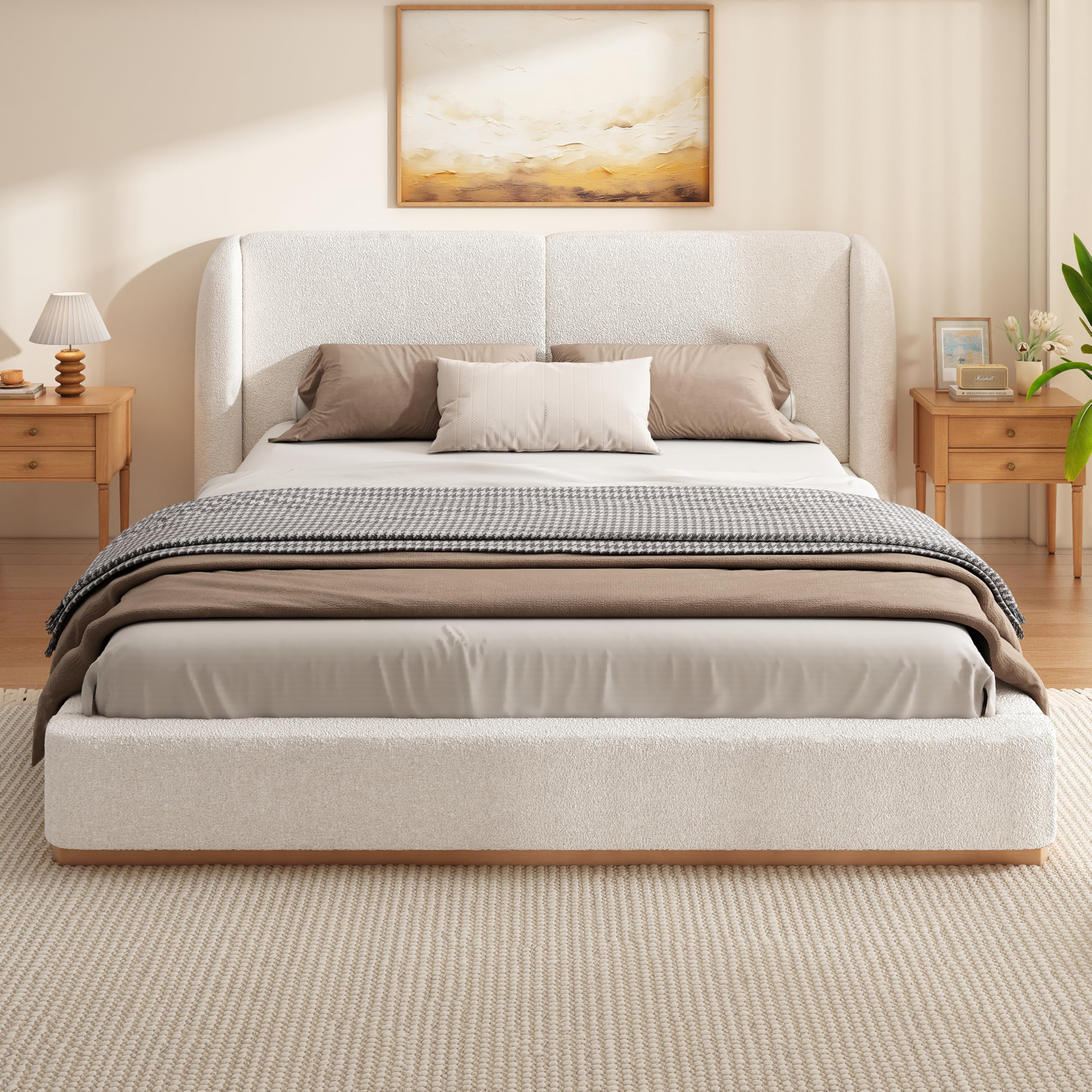 Photo 1 of *** PARTIAL SET *** Christopher Knight Home Danet Boucle Upholstered Queen Size Bed Frame with Wingback Headboard, Modern Queen Bed Frame and Headboard, Wooden Slats Support, Easy Assembly, No Box Spring Needed, White
