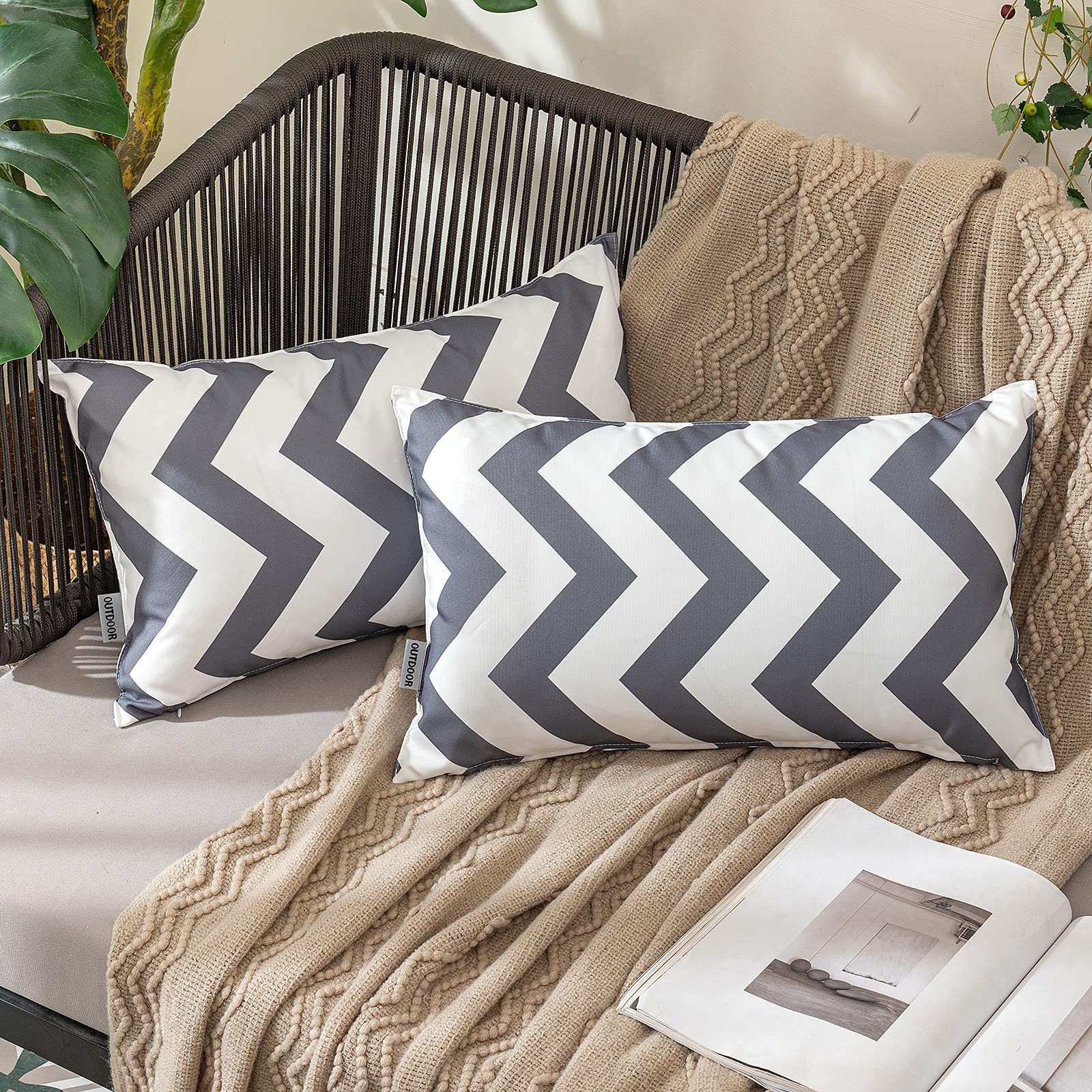 MIULEE Outdoor Waterproof Cushion Cover Pillow Case with Wave patterns Home Decorating Protectors for Garden Tent Park Bed Sofa Chair Bedroom Decorative Pack of 2 30x50cm 12x20inch Dark Grey