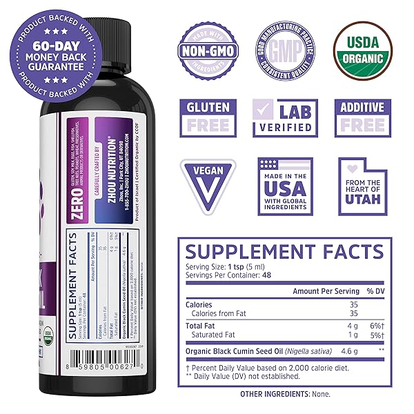 ZHOU ORGANIC BLACK SEED OIL – BLACK CUMIN SEED OIL COLD PRESSED, NIGELLA SATIVA, PURE UNREFINED BLACKSEED LIQUID, PREMIUM SUPPLEMENT FOR HEALTH WITH THYMOQUINONE, OMEGA 3 6 9 – 8 FL OZ (PACK OF 1)