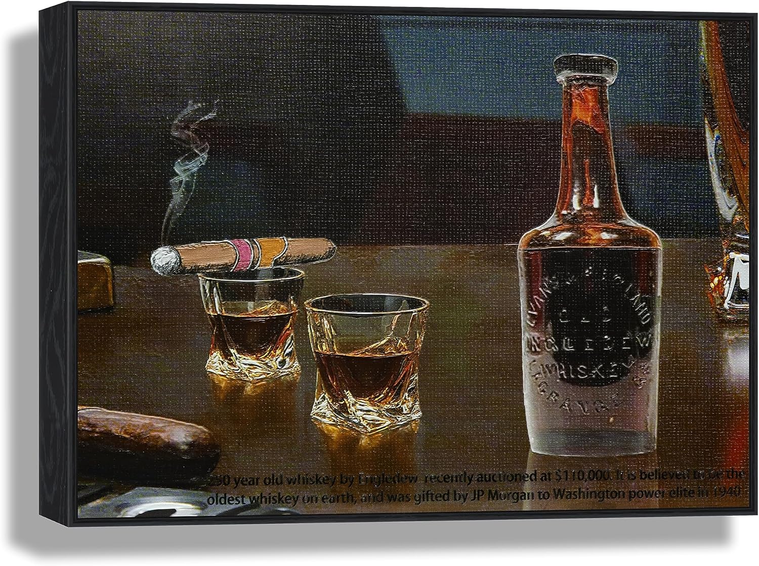 Paintings - Hand Painted Oil Painting Canvas Wall Art Old Ingledew 250 Yrs Oldest Known Whiskey Sold auctioned at $110,000 Georgia Cigar and Glass Liquor Still Life Hand Made Framed Matted 3D Brushstroke Texture for Home Decor Living Bed Office Kitchen Bath Room