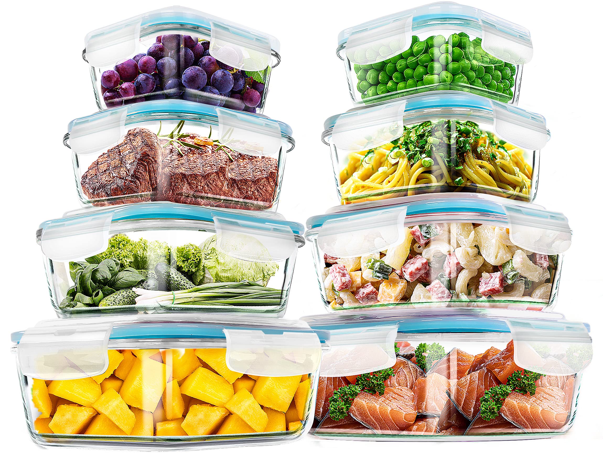KICHLY Glass meal prep containers - Set of 16pcs (8 Containers and 8 Lids) - Airtight Storage glass food containers with lids for Freezer - Snap locking, Dishwasher safe, Oven Friendly, & BPA Free