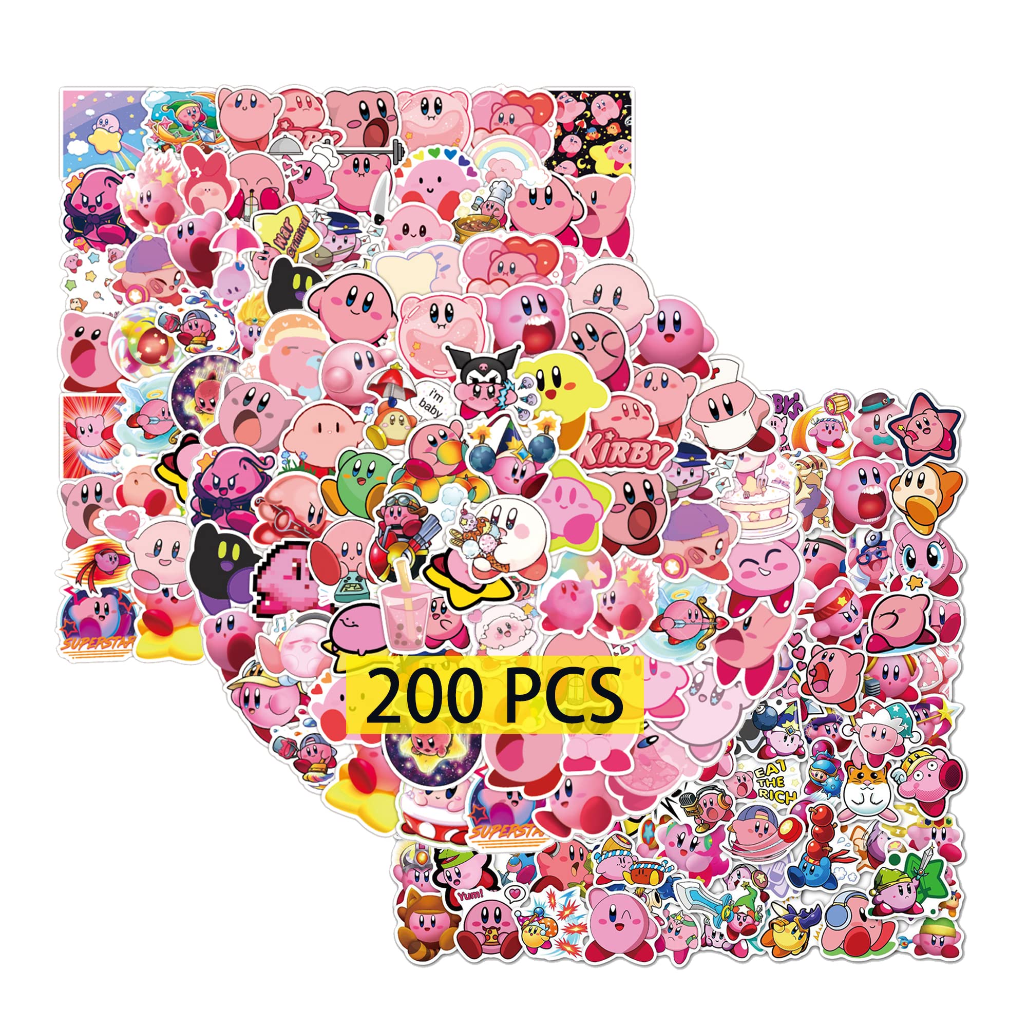 GTOTd Cute Kirby Stickers (200pcs) Gifts Merch Cartoon Game Party Supplies Vinyl Decor for Laptop Skateboard Guitar Luggage Water Bottle for Teens
