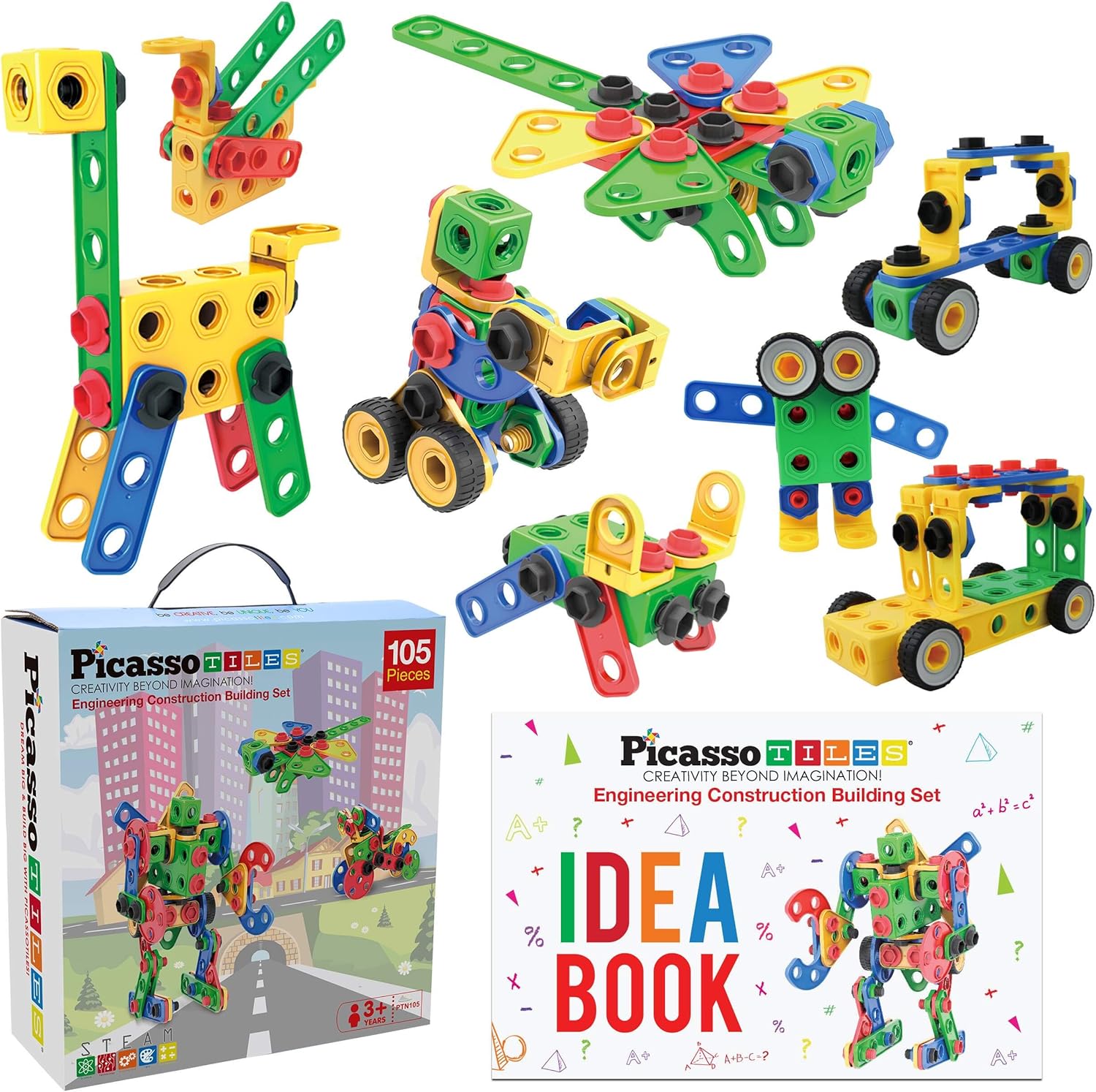 PicassoTiles STEM Learning Toys 105 Piece Building Block Set Kids Construction Engineering Kit Toy Blocks Children Early Education Playset w/ IdeaBook, Power Drill, Clickable Ratchet, Age 3+ PTN105