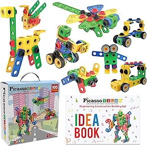 PicassoTiles STEM Learning Toys 105 Piece Building Block Set Kids Construction Engineering Kit Toy Blocks Children Early Education Playset w/ IdeaBook, Power Drill, Clickable Ratchet, Age 3+ PTN105