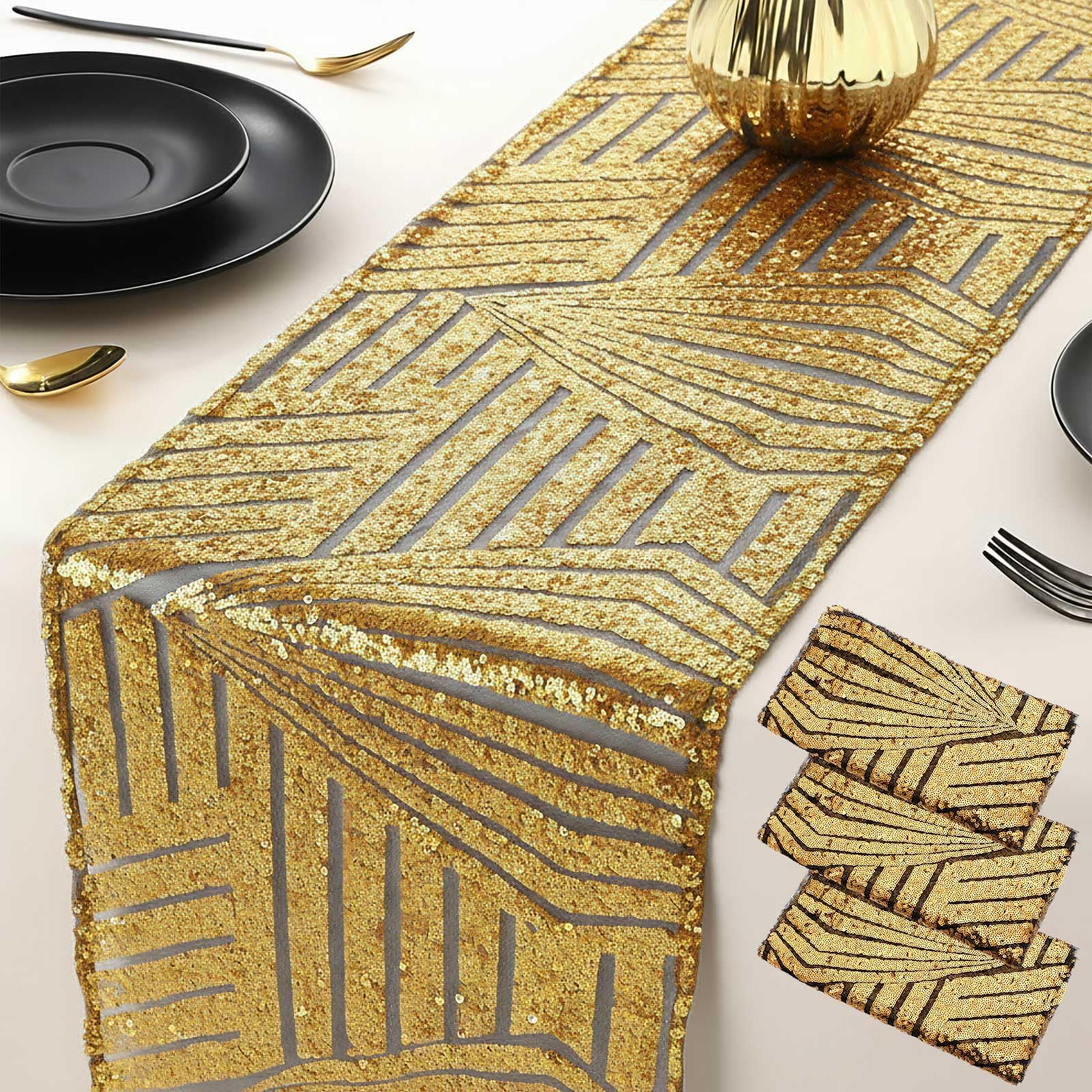 Photo 1 of Peryiter 3 Pcs Roaring 1920's Table Runners 12 x 108 Inch Great 20's Black and Gold Table Runner Sequin Reusable Tablestrip for 1920s Vintage Speakeasy Wedding Christmas Party Decorations (Classic)