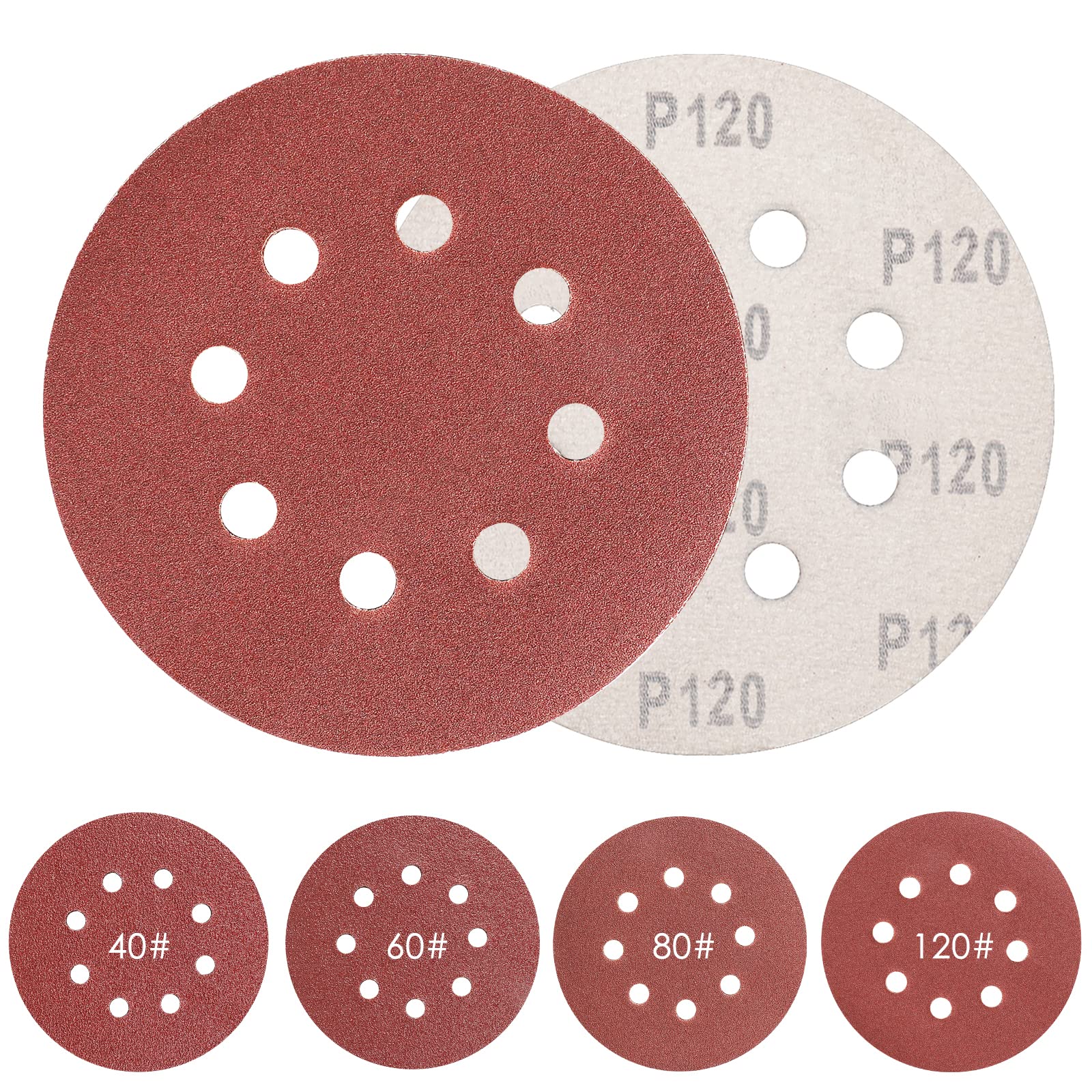 Sruhrak 125mm Sanding Discs Hook and Loop 20 X 40/60/80/120 Mixed Grit 8 Hole Sanding Discs Pad for Random Orbit Sander (80 Pieces) — image 1