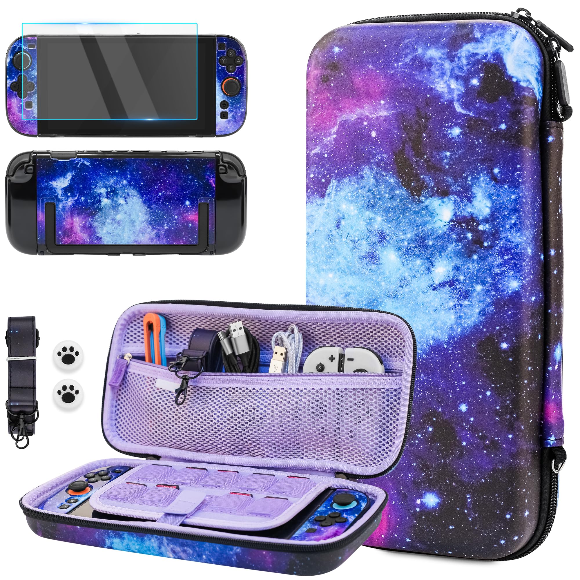 GLDRAM Galaxy Carrying Case for Nintendo Switch 2 (2025), Portable Accessories Bundle with Travle Storage Bag, PC Protective Cover, Shoulder Strap, Screen Protector & 2 Thumb Grips - Purple