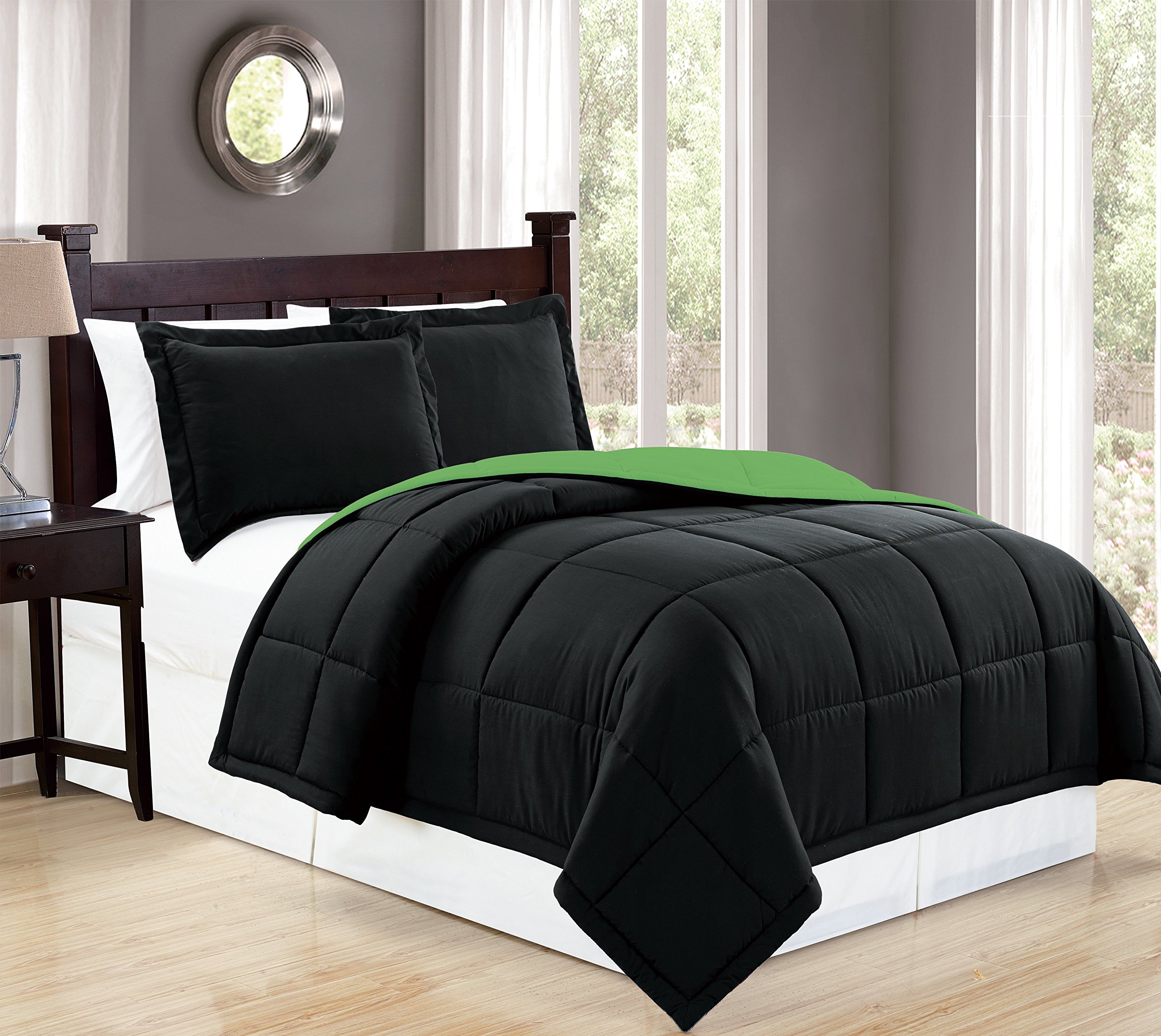 Mk Collection 3pc Full/Queen Down Alternative Comforter Set Reversible Black/Lime Green New