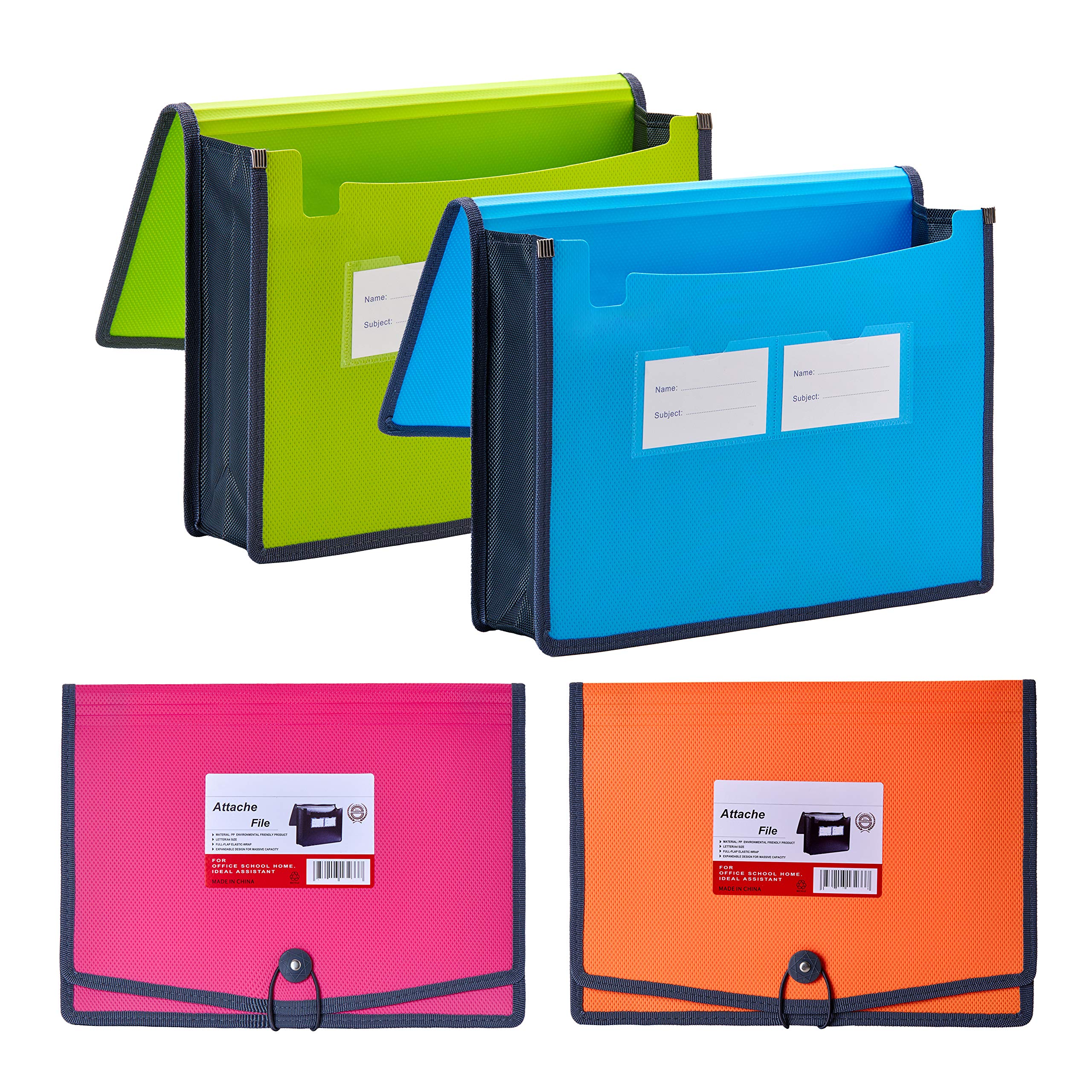 FANWU 4 Pack Plastic Expanding File Wallet Document Organizer with Elastic Cord & Button Closure, Letter Size, 3.5" Expansion, Poly A4 Expandable File Folder for School Office Home Organization