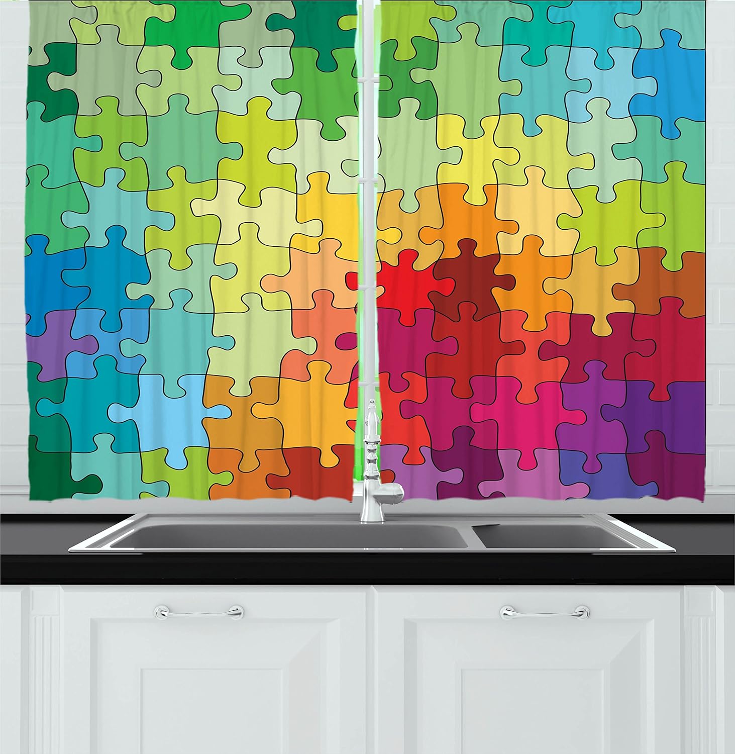 Ambesonne Abstract Kitchen Curtains, Colorful Puzzle Pieces Fractal Children Hobby Activity Leisure Toys Cartoon Image, Window Drapes 2 Panel Set for Kitchen Cafe Decor, 55