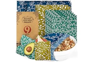 Akeeko Reusable Beeswax Food Wraps - Assorted 9 Packs, Reusable, Plastic-Free Food Storage, 5 Small, 2 Medium, 1 Large, 1 Extra Large Wraps with Abstract Curves Pattern