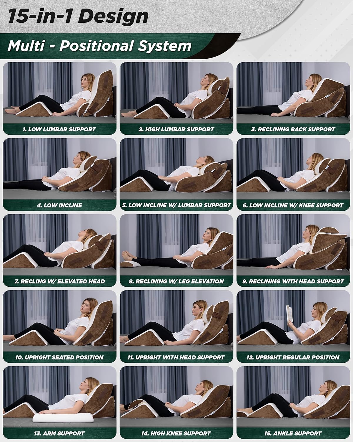 Lunix LX5 4pcs Orthopedic Bed Wedge Pillow Set, Post Surgery Memory Foam for Back, Neck and Leg Pain Relief. Sitting Pillow, Comfortable and Adjustable Pillows Acid Reflux and GERD for Sleeping Brown: Kitchen & Dining