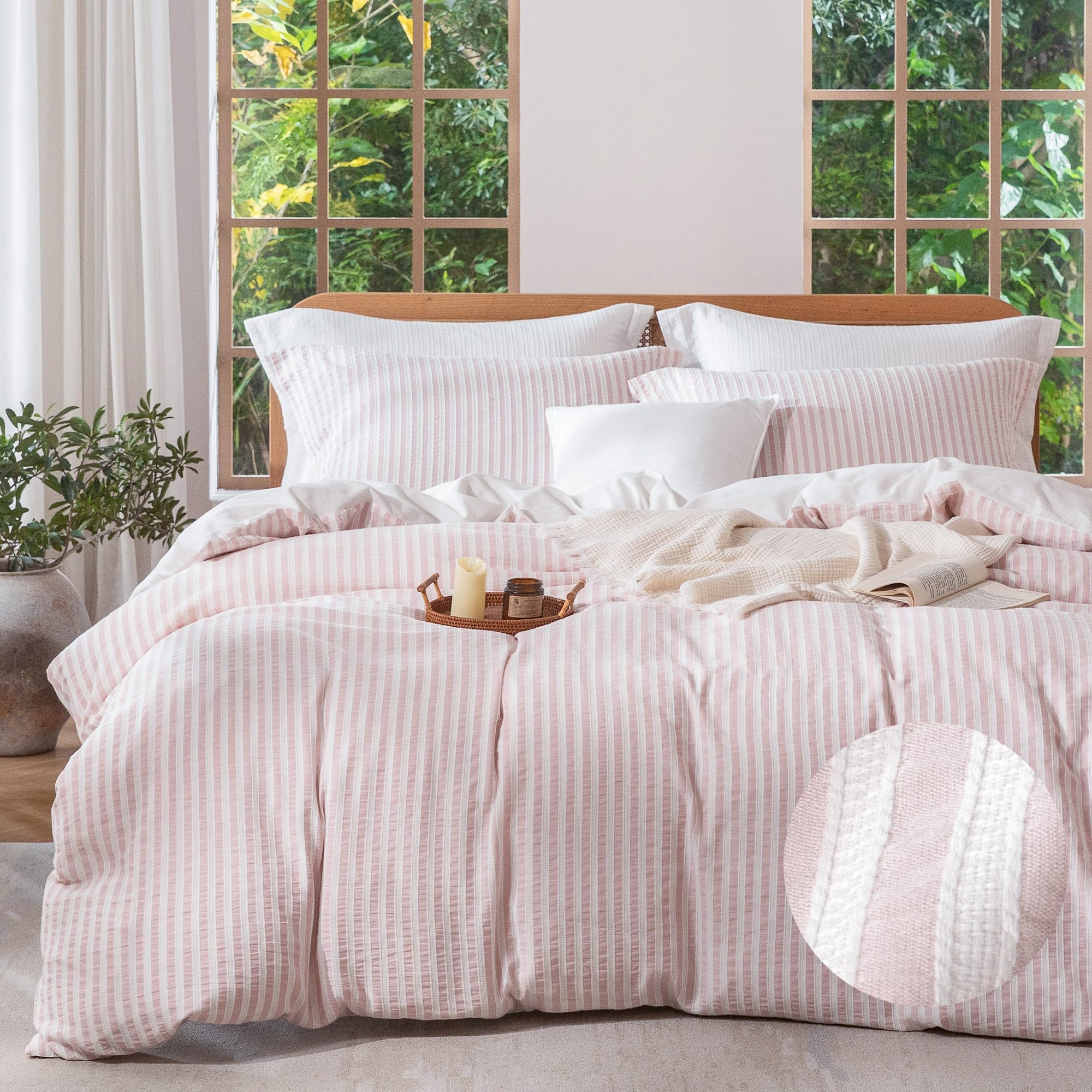 MILDLY Pink Striped Duvet Cover - 100% Washed Cotton Jacquard Boho Textured Comforter Cover 3pcs with Corner Ties Zipper Closure 90"x90"