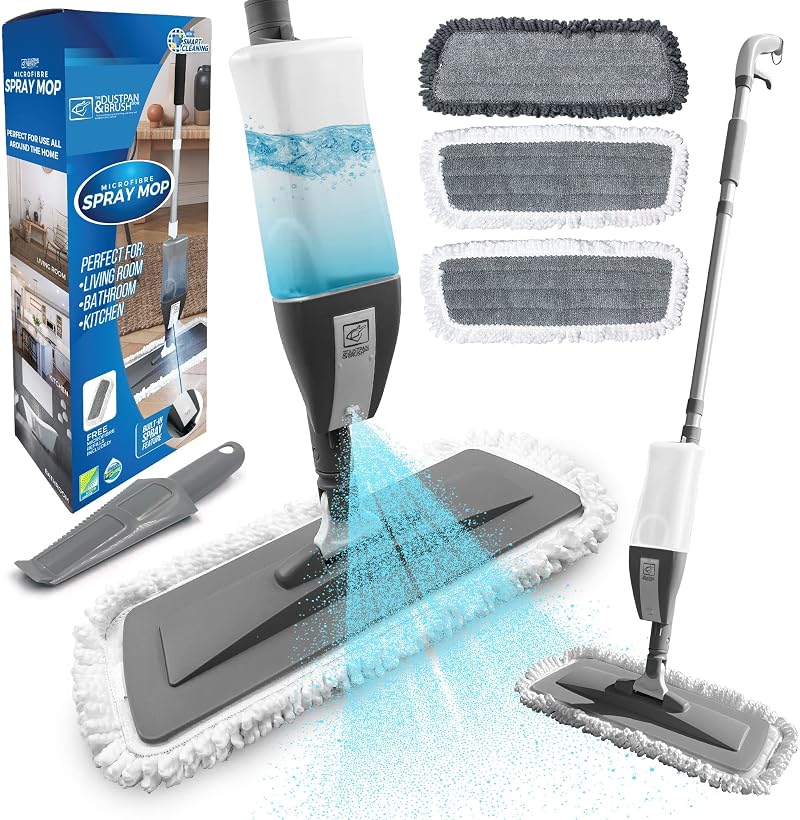 TDBS Microfibre Floor Spray Mop 600ML 3 Pads 360° Swivel Scraper